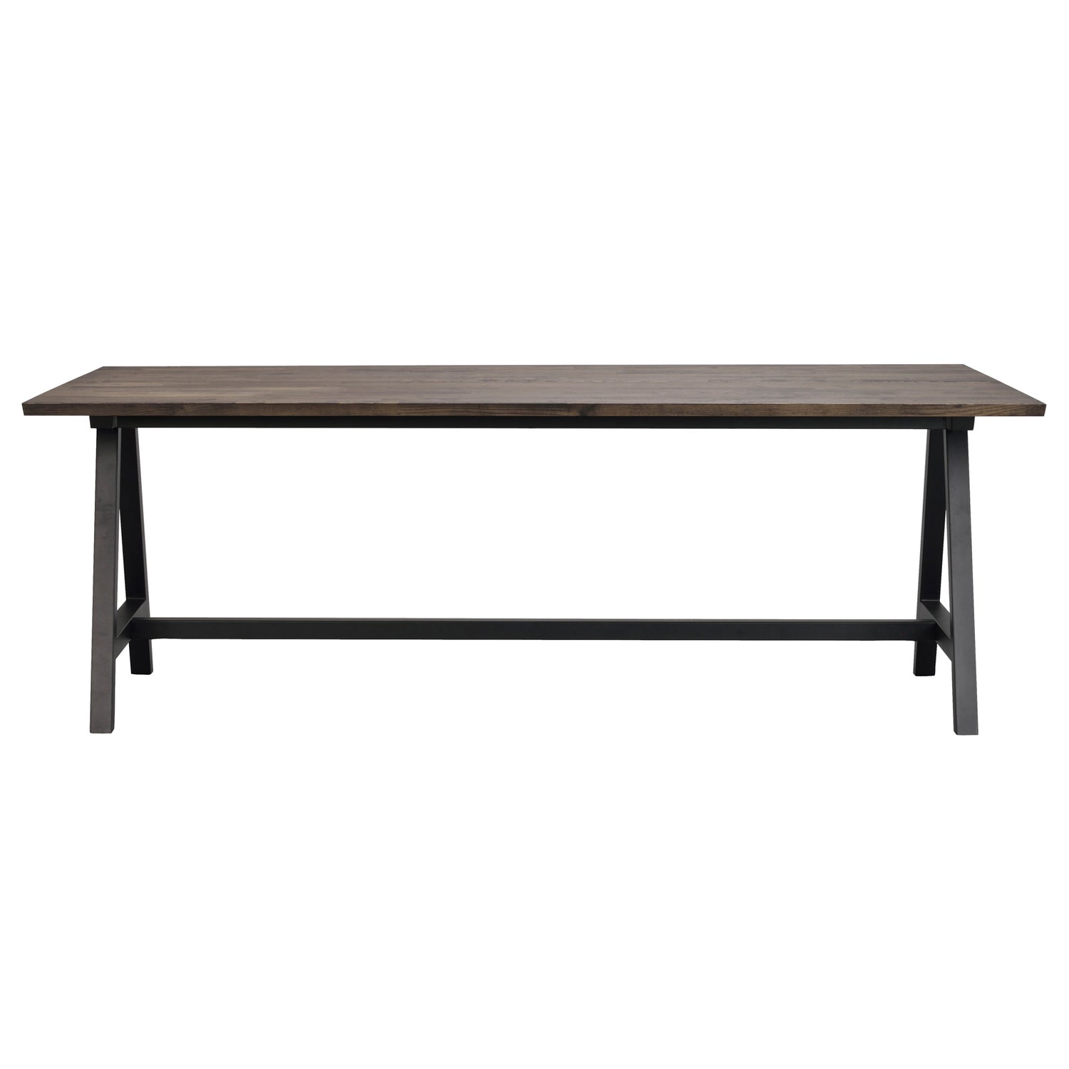 Carradale-ruokapöytä savutammenvärisellä kannella ja mustilla A-mallisilla metallijaloilla.