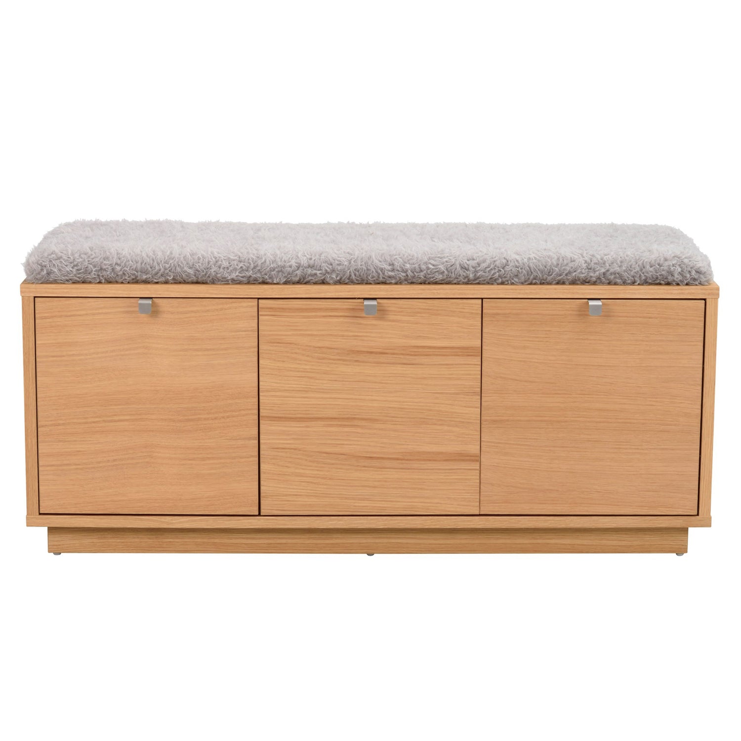 Tammenvärinen Confetti -säilytyspenkki 3-ltk, harmaalla kangaspehmusteella.