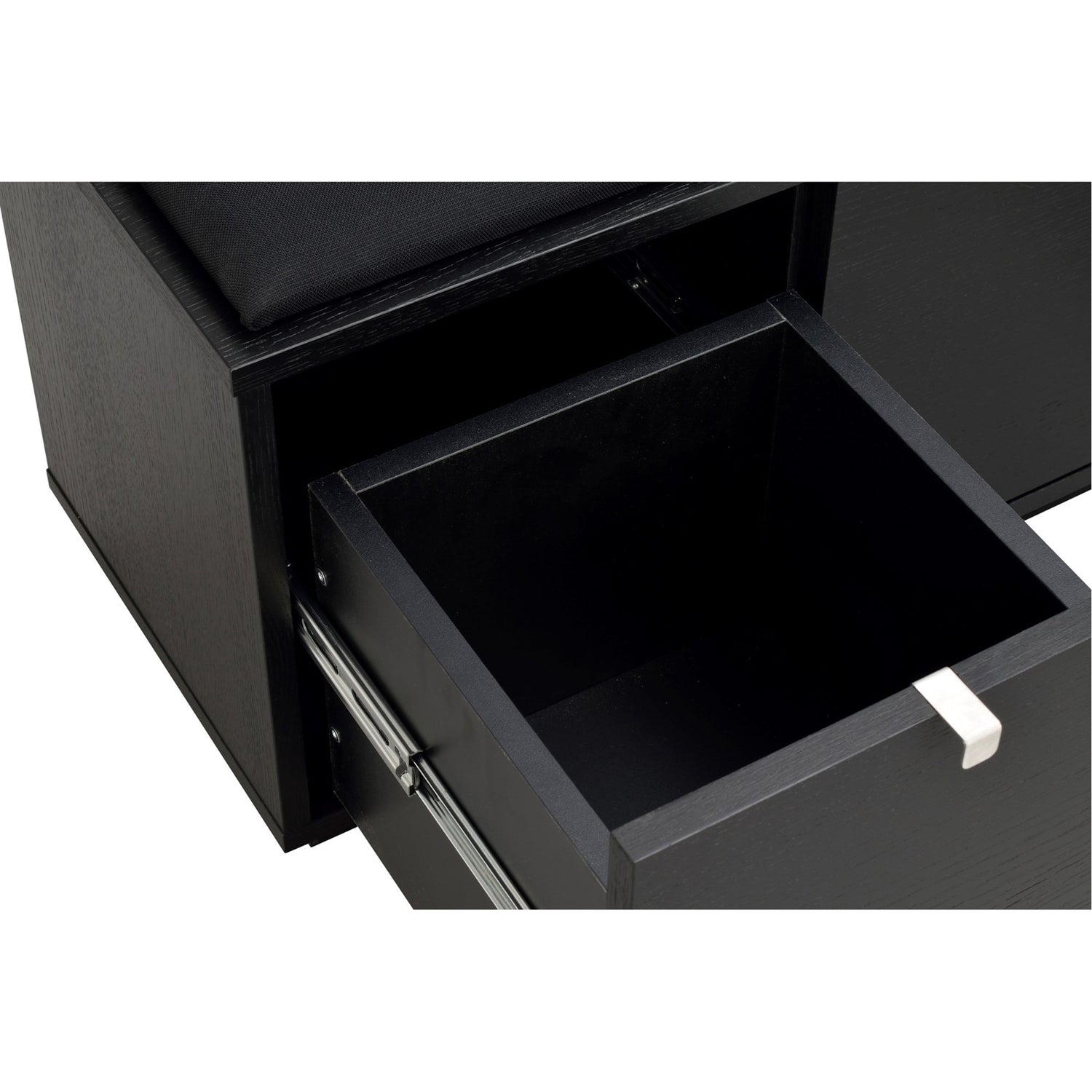 Musta Confetti -säilytyspenkki 3-ltk, mustalla istuinpehmusteella.