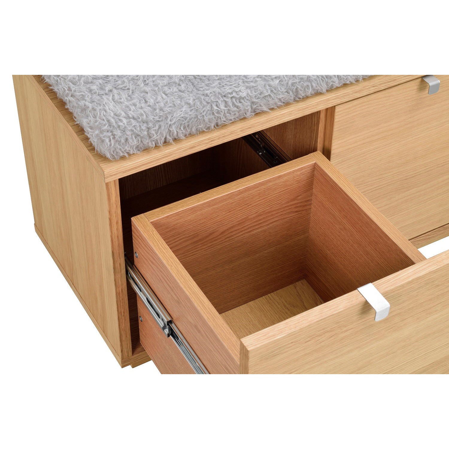 Tammenvärinen Confetti -säilytyspenkki 3-ltk, harmaalla istuinpehmusteella.