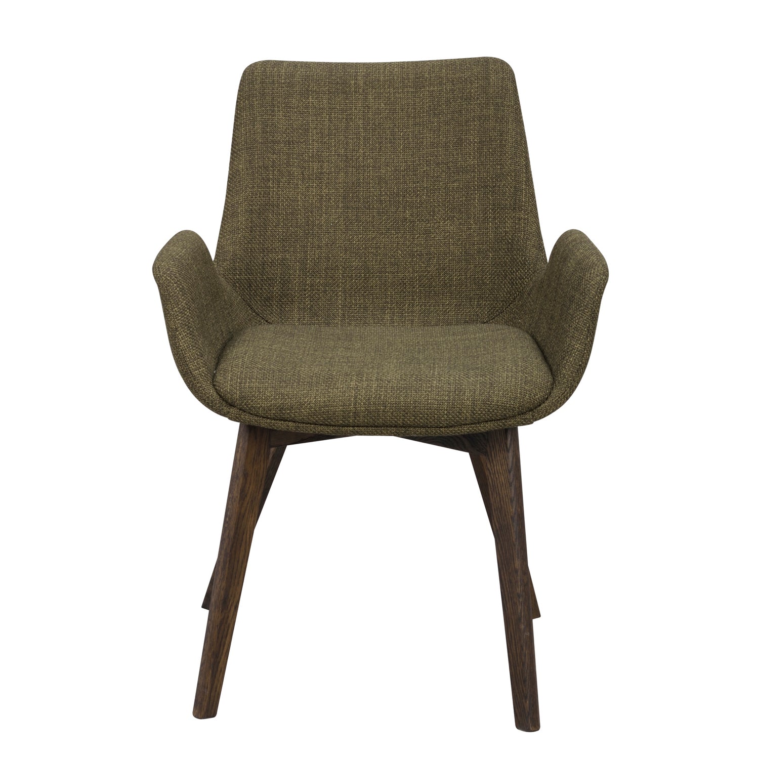 Drimsdale-tuoli vihreällä verhoilulla ja ruskeilla/savutammenvärisillä jaloilla.