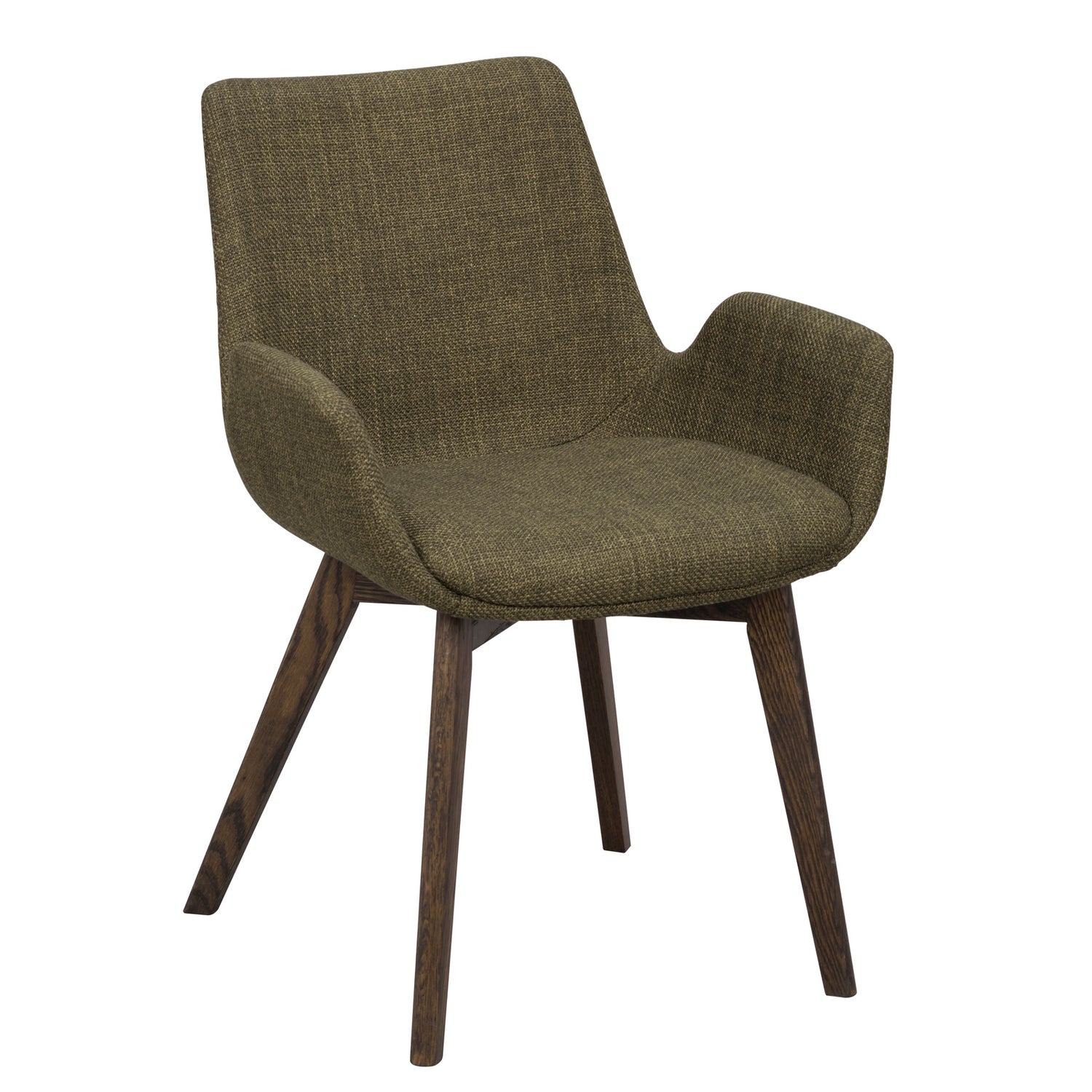 Drimsdale-tuoli vihreällä verhoilulla ja ruskeilla/savutammenvärisillä jaloilla.