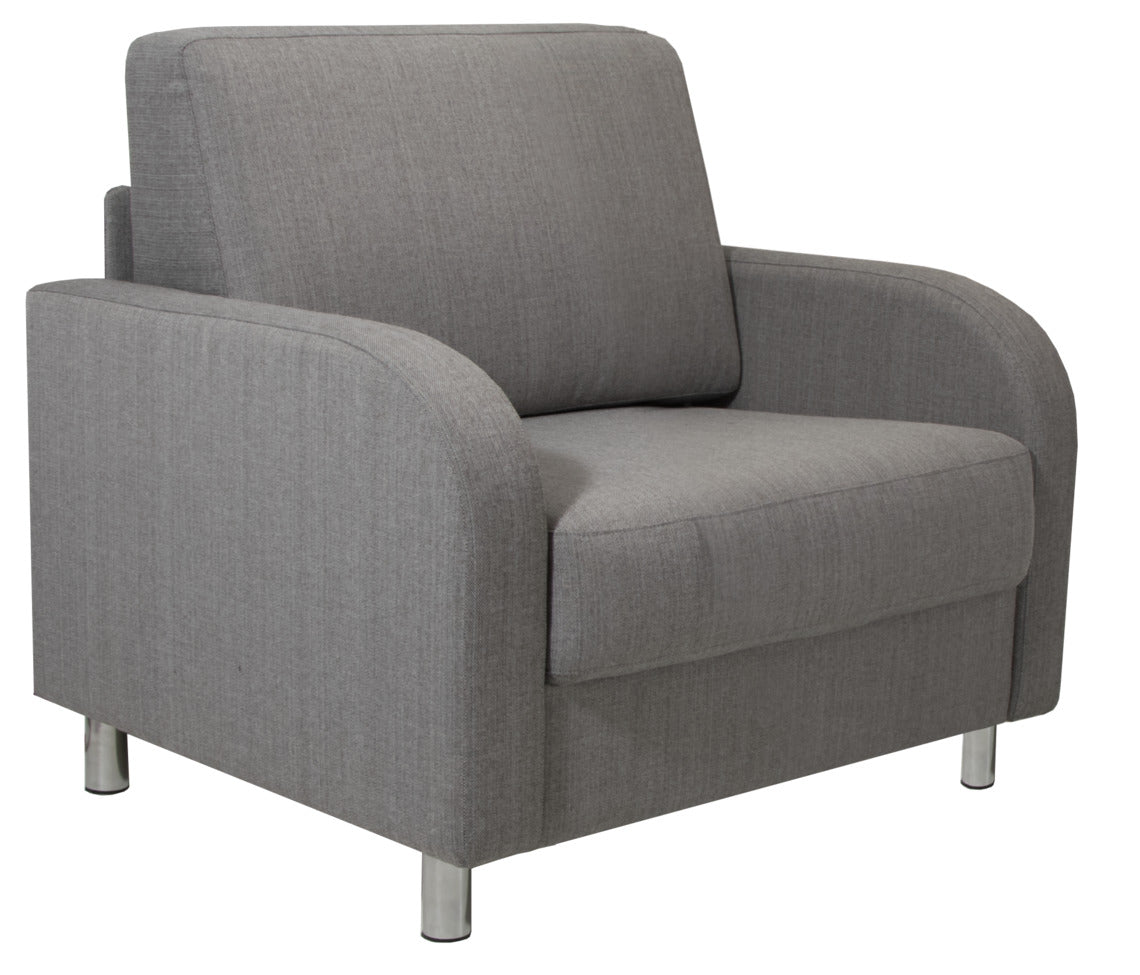 Elina-vuodetuoli harmaalla Sublim 52 -kankaalla ja 10 cm korkeilla metallisilla putkijaloilla.