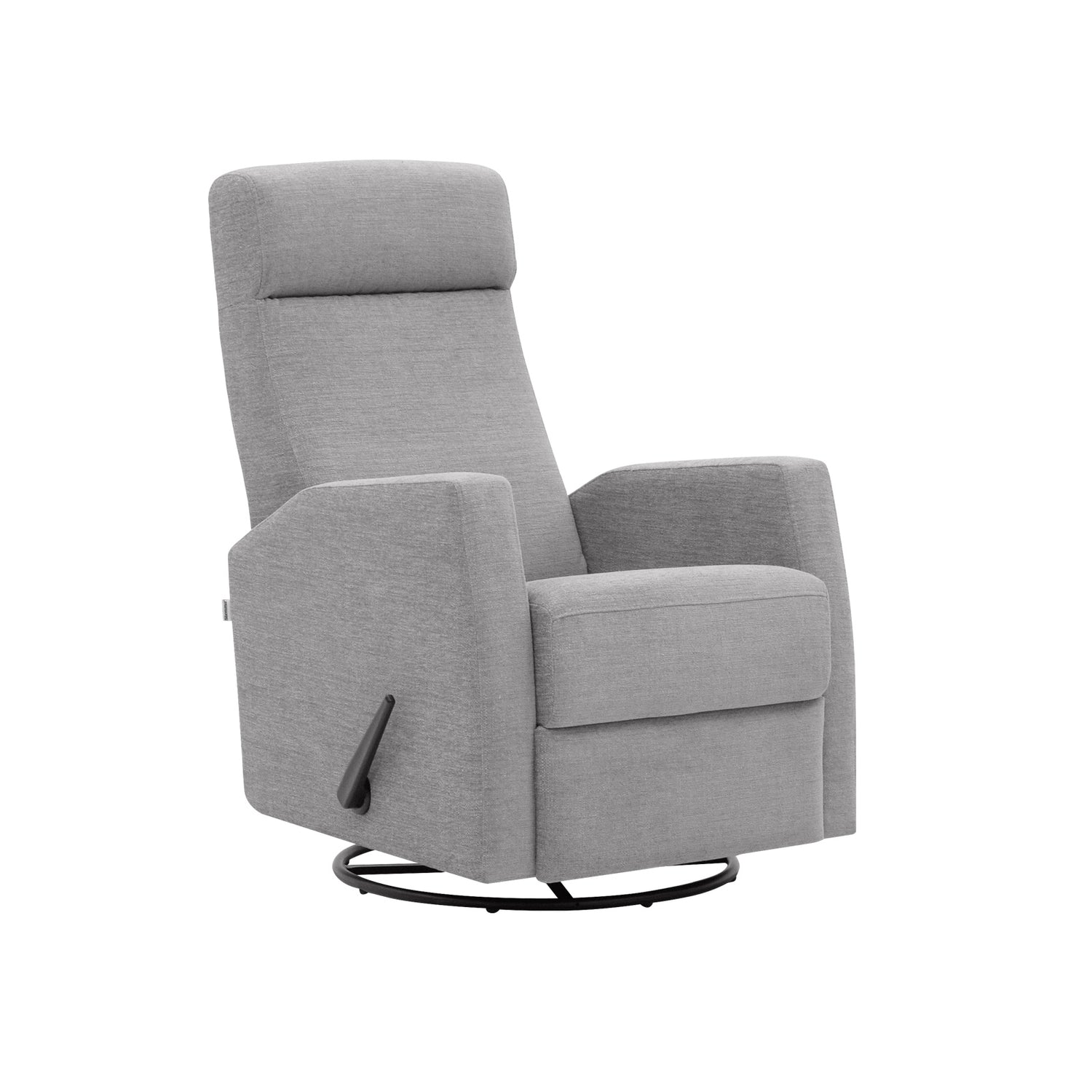 Elise-reclinertuoli vaaleanharmaalla Otaru 300 -verhoilukankaalla. Elise-lepotuoli on malliltaan siro ja kapea reclinertuoli pyörintä- ja keinuntamekanismeilla. Kuvassa näkyy kahva, jolla mekanismiominaisuuksia käytetään.