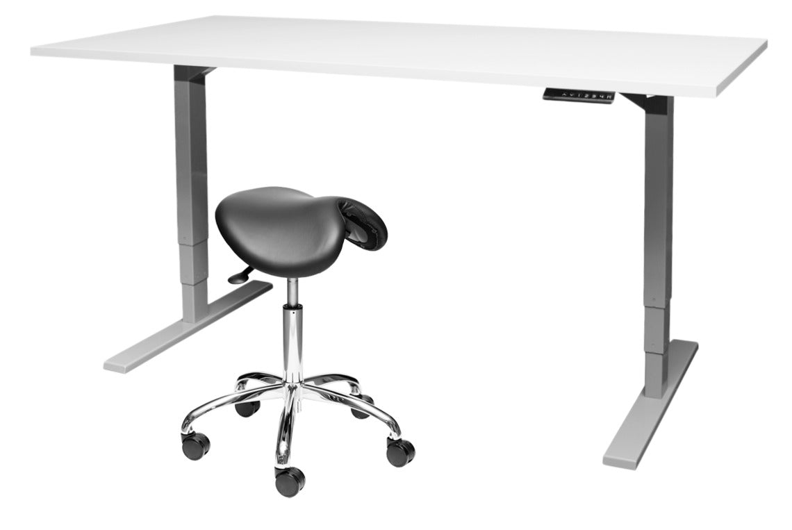 Satulatuoli ja sähkötyöpöytä yhdessä tarjoavat erittäin ergonomisen tavan työskennellä. Sähköpöytä mahdollistaa työskentelyn seisten, sekä toimisto- tai satulatuolilla istuen. Kuvassa oleva Range-satulatuoli myydään erikseen.