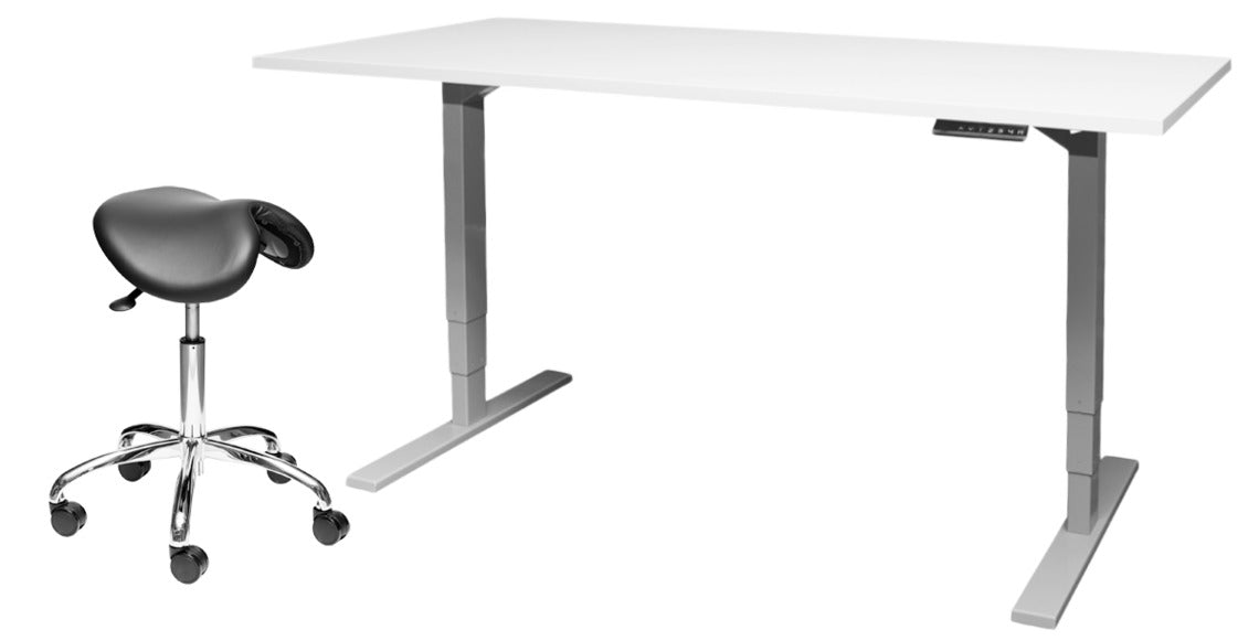 Satulatuoli ja sähkötyöpöytä yhdessä tarjoavat erittäin ergonomisen tavan työskennellä. Sähköpöytä mahdollistaa työskentelyn seisten, sekä toimisto- tai satulatuolilla istuen. Kuvassa oleva Range-satulatuoli myydään erikseen.
