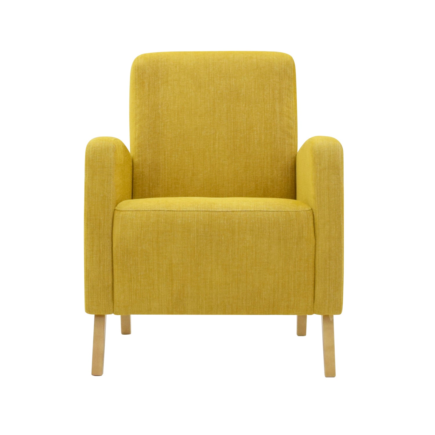 Fanni-nojatuoli okran värisellä Naomi 514 -verhoilukankaalla ja luonnonvärisillä tammijaloilla.