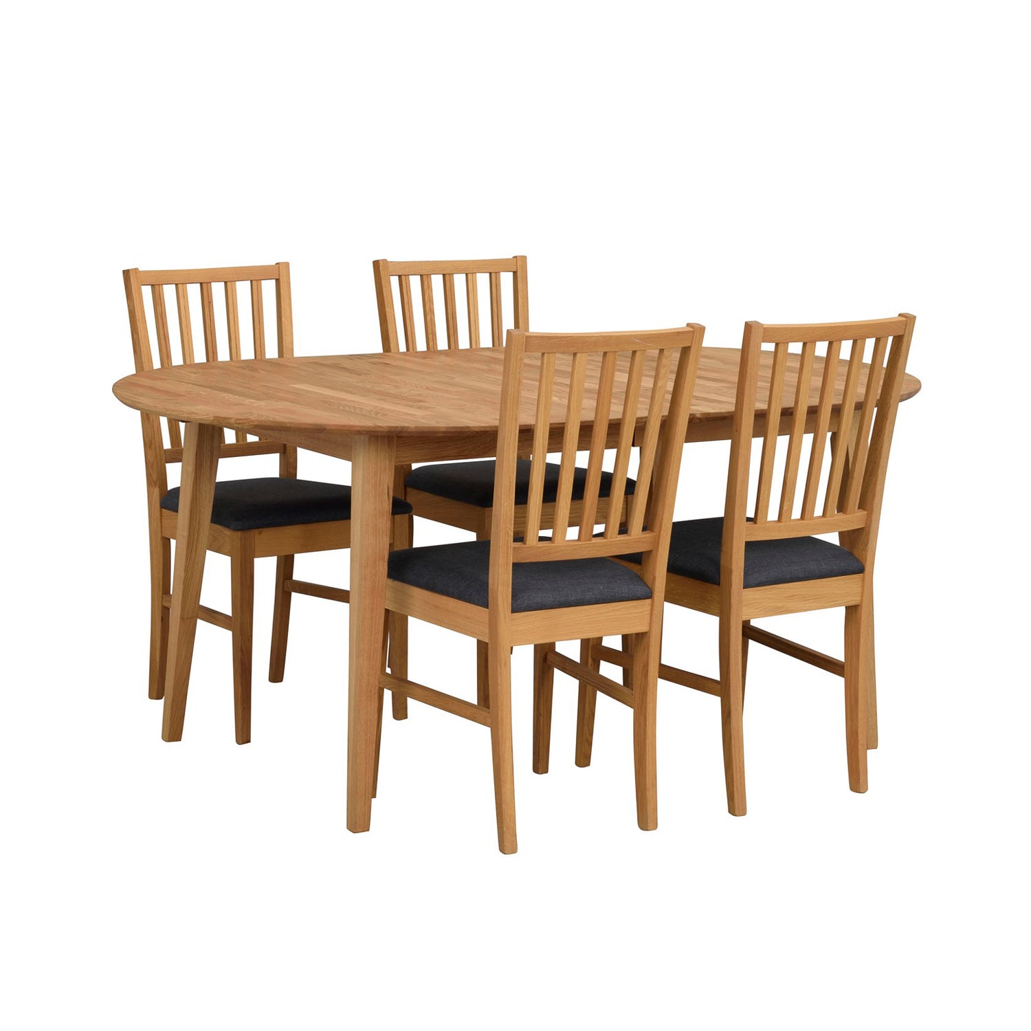 Ovaalin muotoinen jatkettava Filippa-ruokapöytä 170 x 105 cm tammen värisenä. Kuvassa on erikseen myytävät tammenväriset Filippa-tuolit.