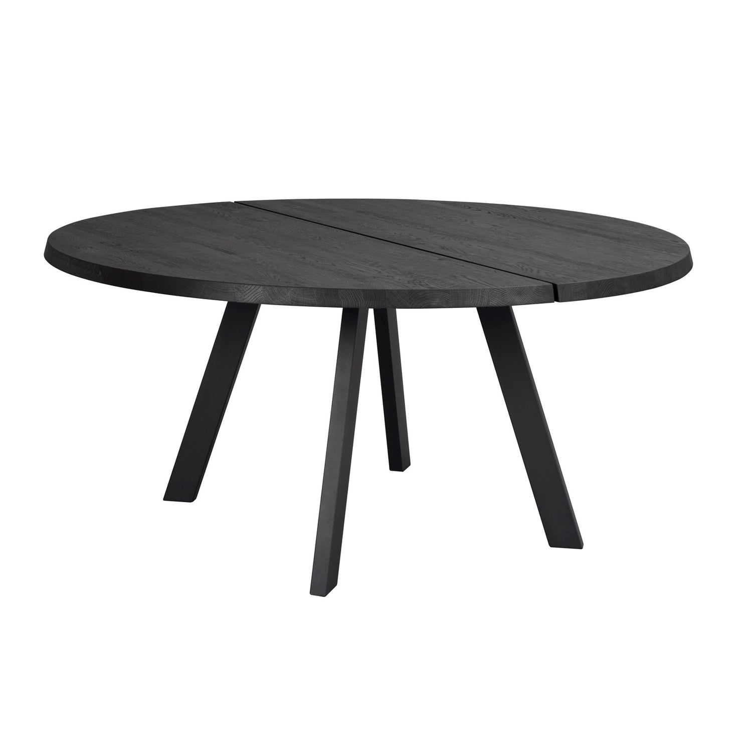 Musta pyöreä Fred-ruokapöytä saarnipuisella kansilevyllä ja mustilla metallijaloilla.