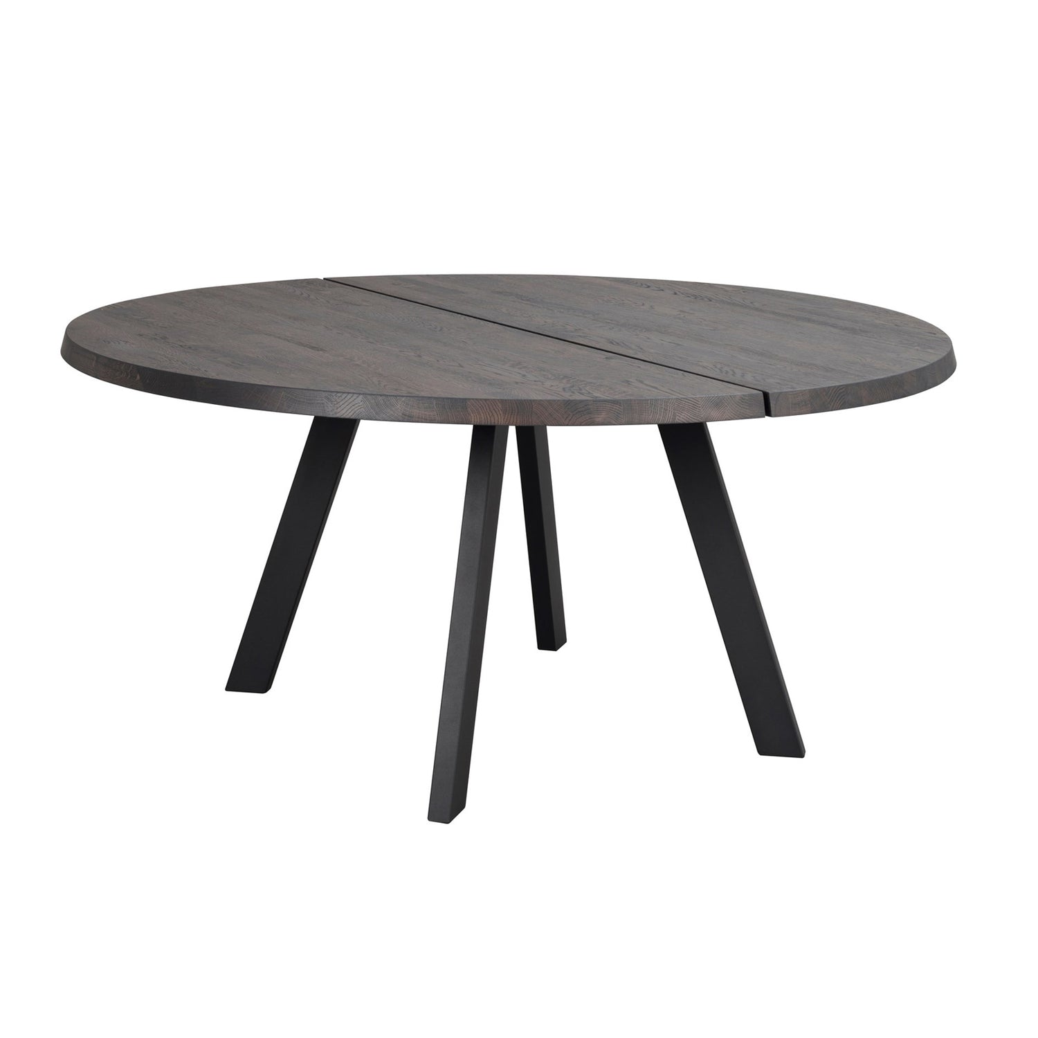 Pyöreä Fred-ruokapöytä savutammenvärisellä kansilevyllä ja mustilla metallijaloilla.