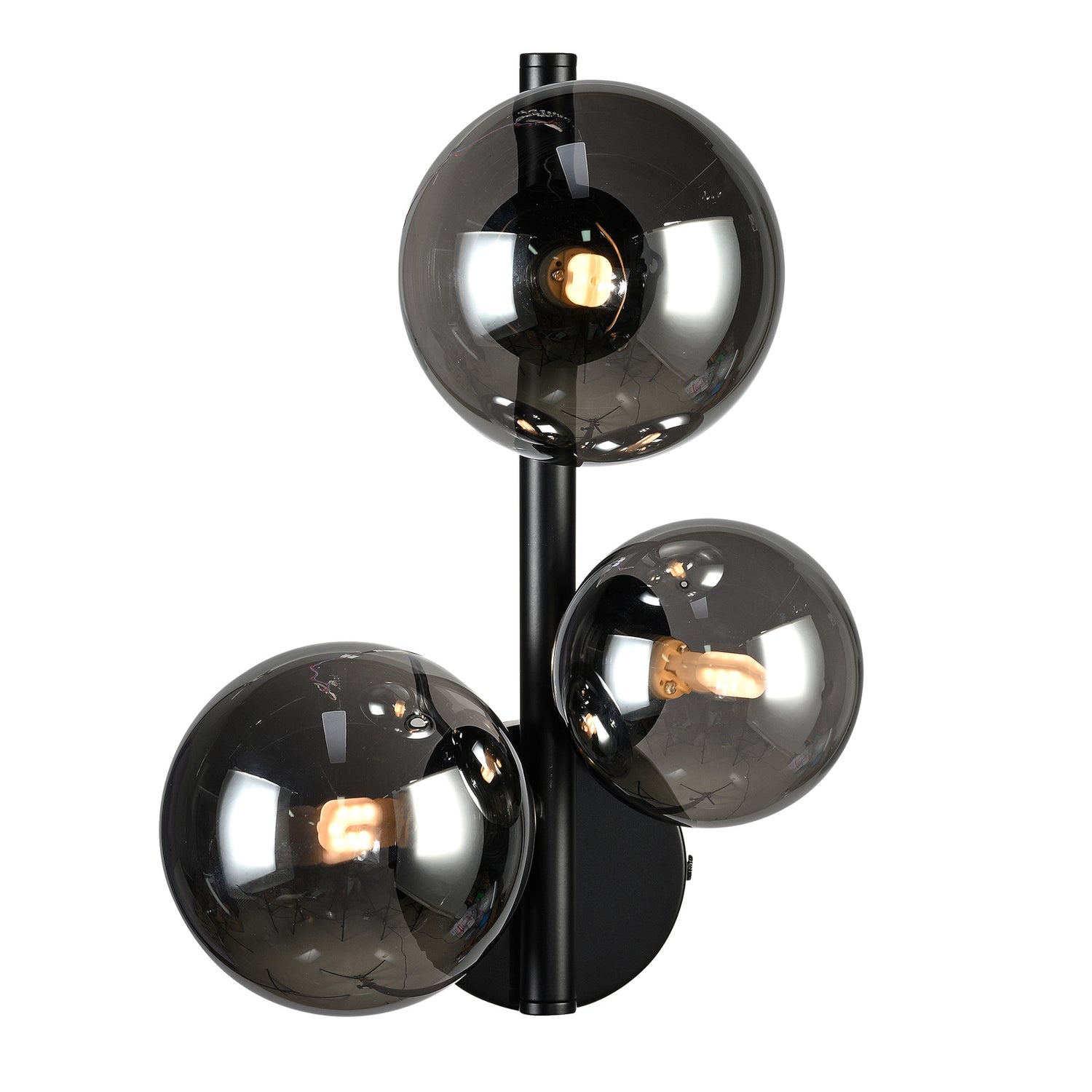 Glasgow-seinävalaisin mustalla rungolla ja tummanharmailla lasikuvuilla. Valaisimeen kuuluu irrallinen johto virtakatkaisijalla.