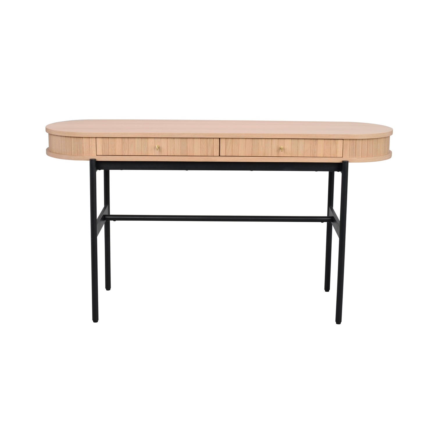 Valkotammenvärinen Haddington-konsolipöytä mustilla metallijaloilla. Ovaalinmuotoisessa pöydässä on Soft-Close-mekanismilaatikot messinginvärisillä vetimillä.