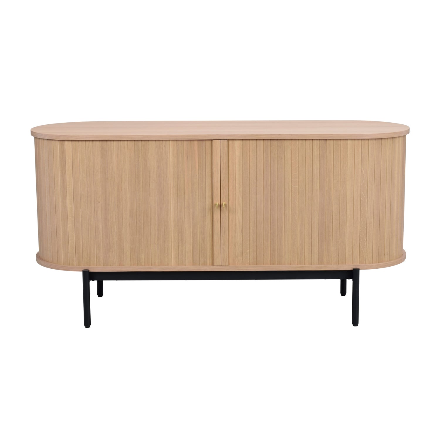 Valkotammenvärinen Haddington-senkki mustilla metallijaloilla. Ovaalinmuotoisessa senkissä on liukuovet messinginvärisillä vetimillä.