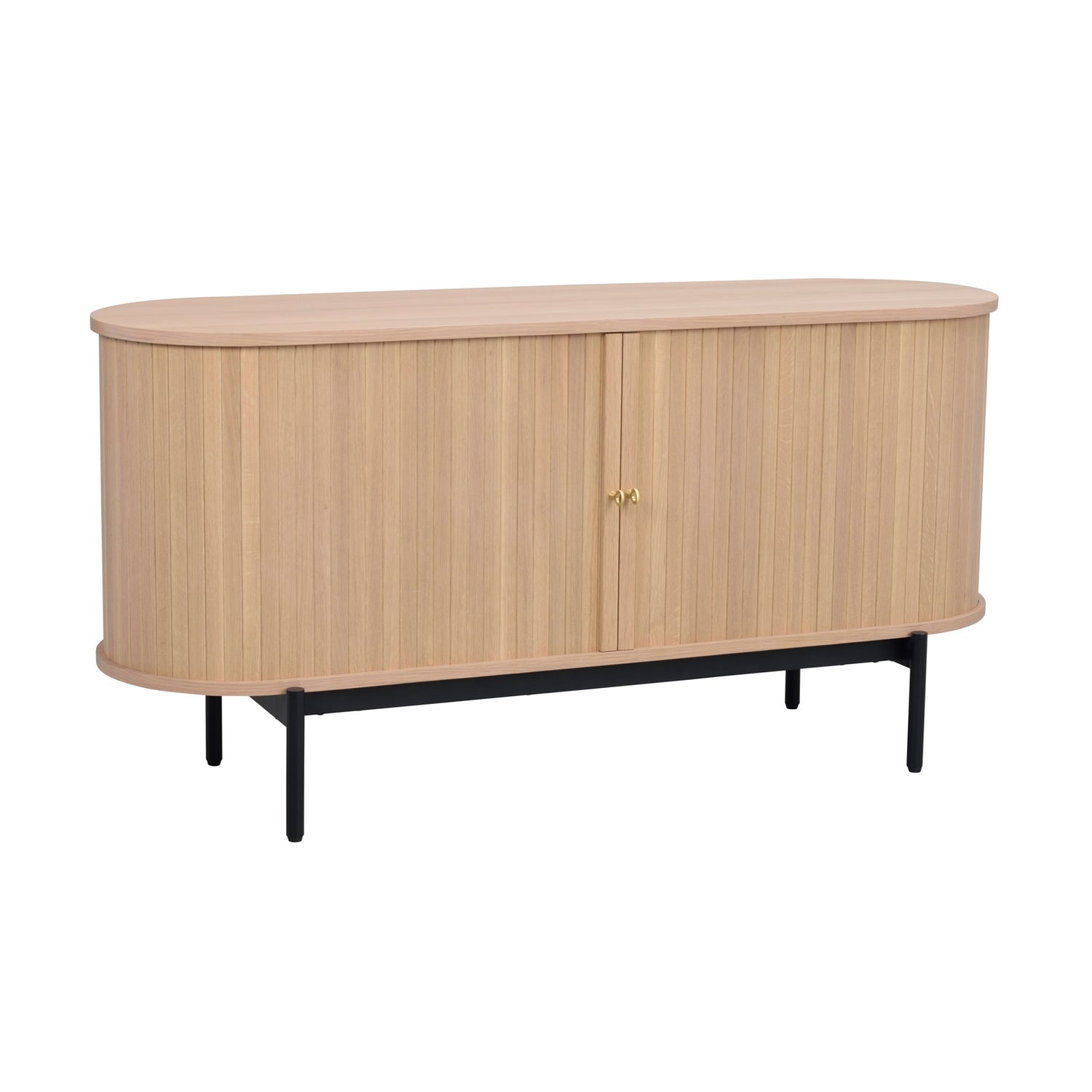 Valkotammenvärinen Haddington-senkki mustilla metallijaloilla. Ovaalinmuotoisessa senkissä on liukuovet messinginvärisillä vetimillä.