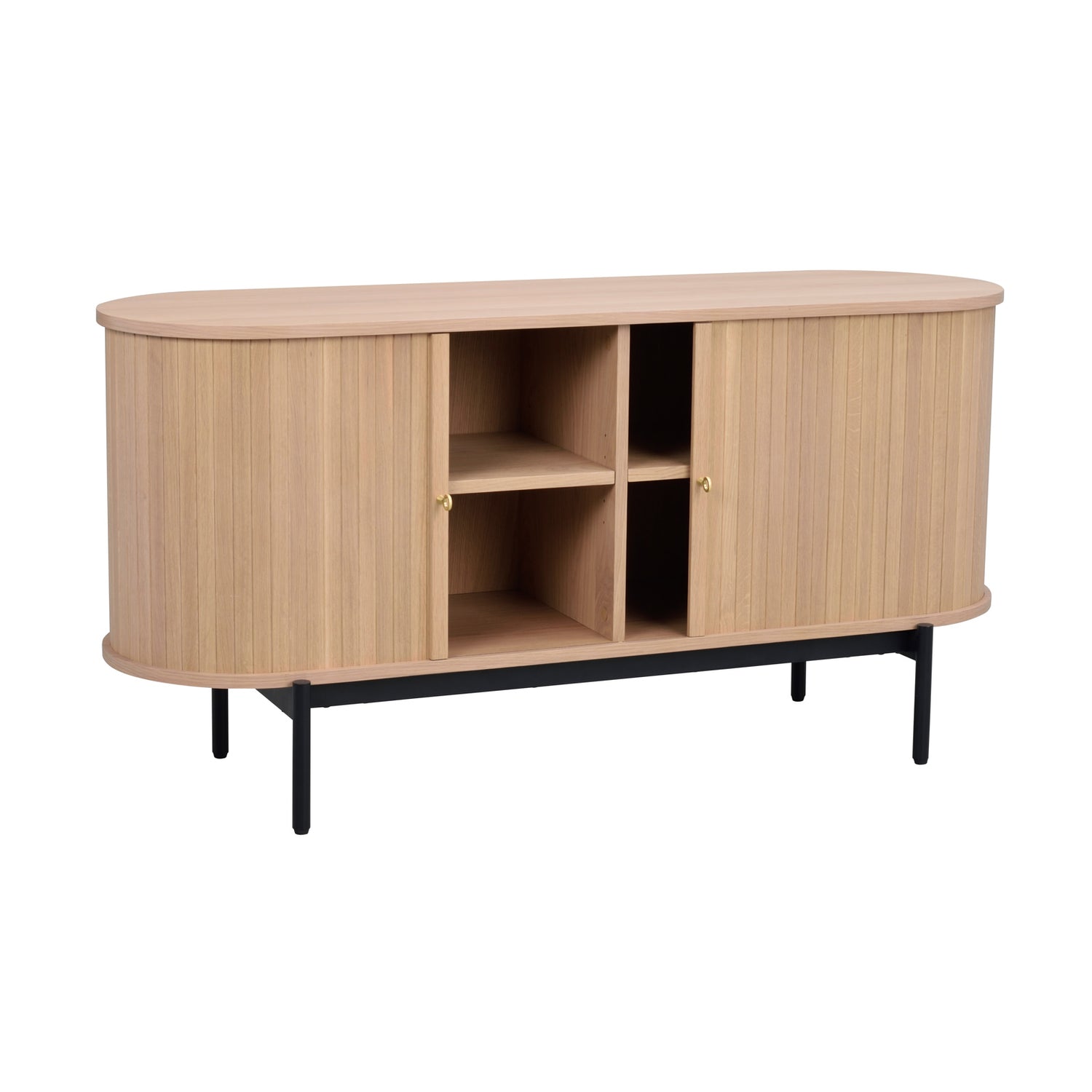 Valkotammenvärinen Haddington-senkki mustilla metallijaloilla. Ovaalinmuotoisessa senkissä on liukuovet messinginvärisillä vetimillä.