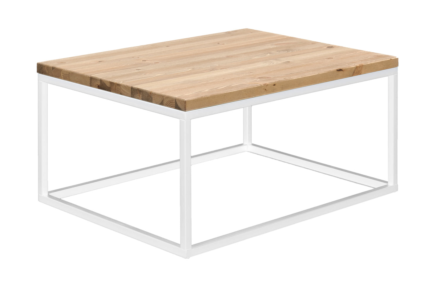 Hanko-sohvapöytä antiikin värisellä mäntykannella ja valkoisella jalkakehikolla.