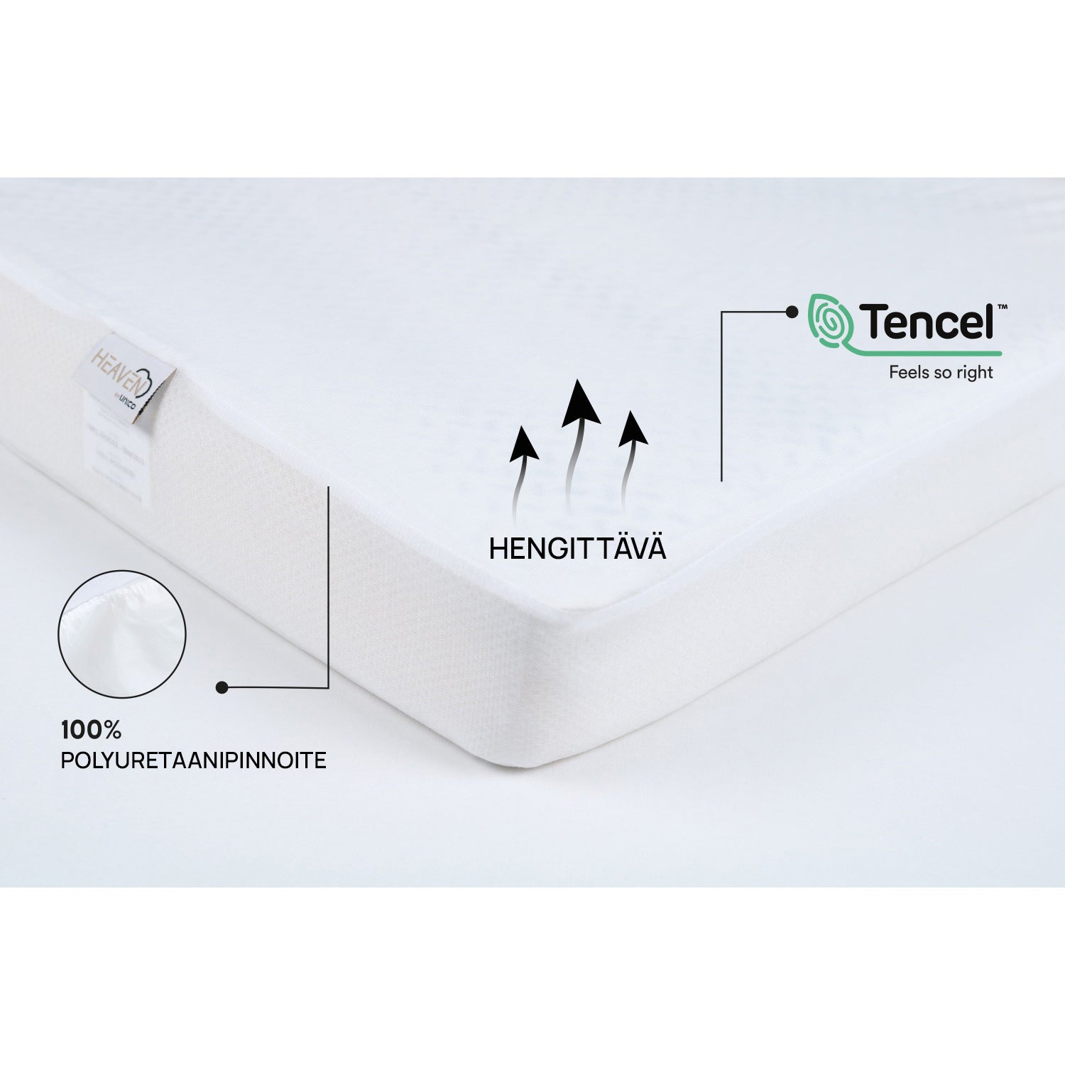 Heaven By Unico -sijauspatjansuoja on hengittävä ja varustettu älykkäällä vedenkestävällä kalvolla, joka suodattaa erinomaisesti kosteutta. Tuotepaketti sisältää vain sijauspatjansuojan, petauspatja myydään erikseen.