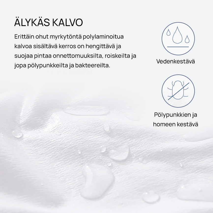 Heaven By Unico -sijauspatjansuoja on hengittävä ja varustettu älykkäällä vedenkestävällä kalvolla, joka suodattaa erinomaisesti kosteutta. Pintaa suojaava kerros suojaa myös pölypunkeilta ja homeelta.