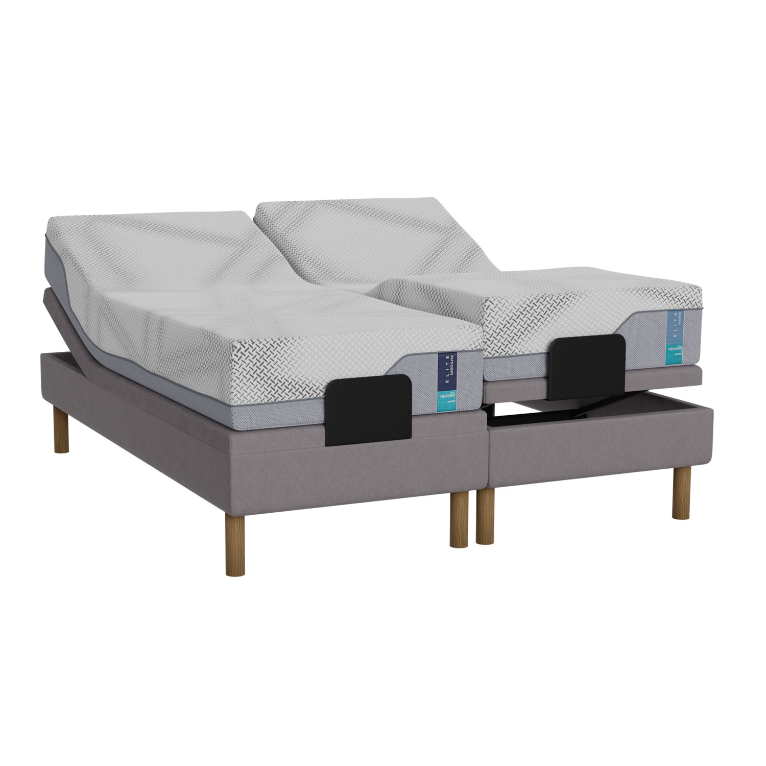 Harmaa Heaven By Unico Elite -moottorisänkypaketti 160 x 200 cm. Pakettiin kuuluu 2 kpl Suomessa valmistettua, portaattomasti säädettävää 80 cm leveää Lounge-moottorisänkyä, 2 kpl 80 x 200 cm Elite Air Feel™ memory foam patjaa sekä pyöreät tammen väriset jalat.