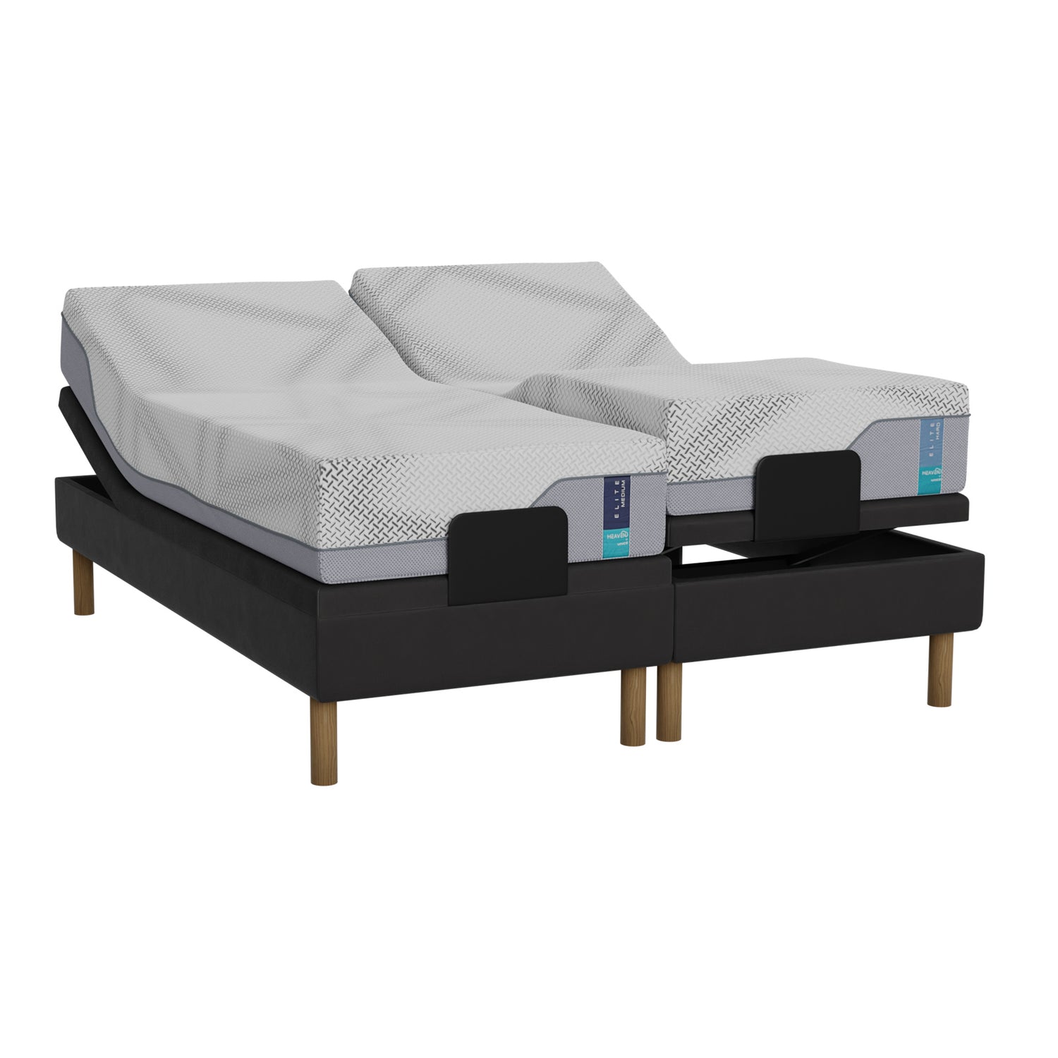 Musta Heaven By Unico Elite -moottorisänkypaketti 160 x 200 cm. Pakettiin kuuluu 2 kpl Suomessa valmistettua, portaattomasti säädettävää 80 cm leveää Lounge-moottorisänkyä, 2 kpl 80 x 200 cm Elite Air Feel™ memory foam patjaa sekä pyöreät tammen väriset jalat.