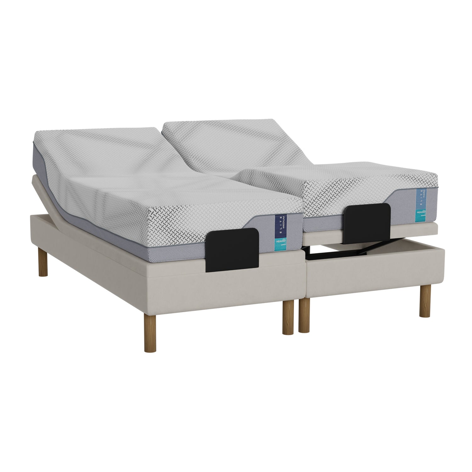 Valkoinen Heaven By Unico Elite -moottorisänkypaketti 180 x 200 cm. Pakettiin kuuluu 2 kpl Suomessa valmistettua, portaattomasti säädettävää 90 cm leveää Lounge-moottorisänkyä, 2 kpl 90 x 200 cm Elite Air Feel™ memory foam patjaa sekä pyöreät tammen väriset jalat.