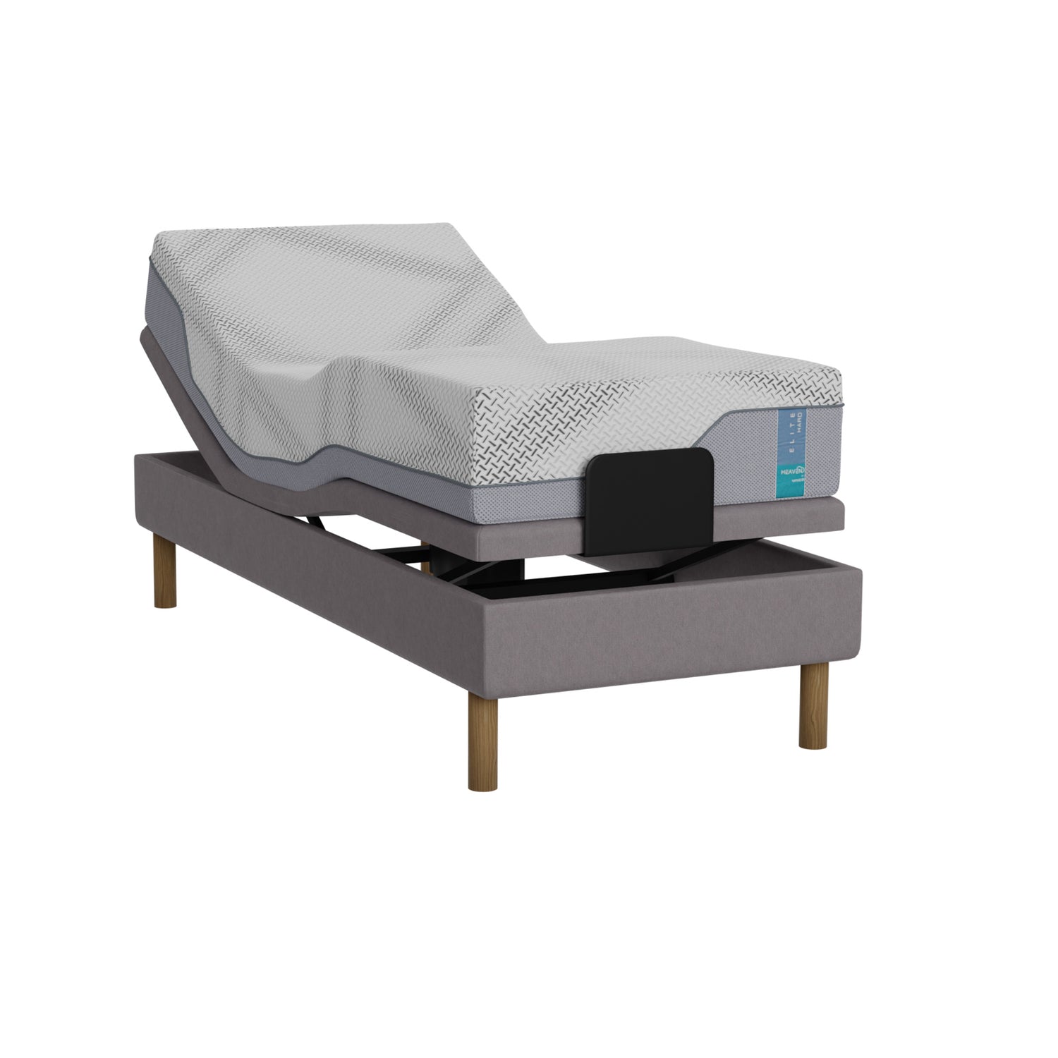 Harmaa Heaven By Unico Elite -moottorisänkypaketti 80 x 200 cm. Pakettiin kuuluu Suomessa valmistettu, moottoroitu Lounge-moottorisänky, 80 x 200 cm Elite Air Feel™ memory foam patja sekä pyöreät tammen väriset jalat.