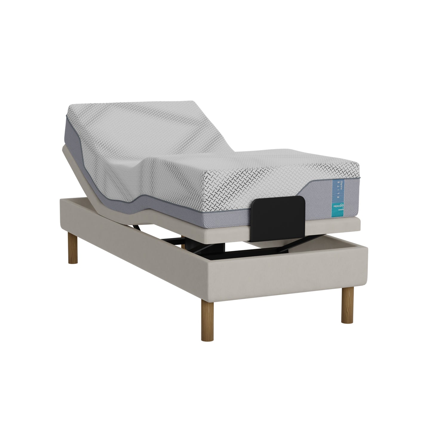 Valkoinen Heaven By Unico Elite -moottorisänkypaketti 80 x 200 cm. Pakettiin kuuluu Suomessa valmistettu, moottoroitu Lounge-moottorisänky, 80 x 200 cm Elite Air Feel™ memory foam patja sekä pyöreät tammen väriset jalat.