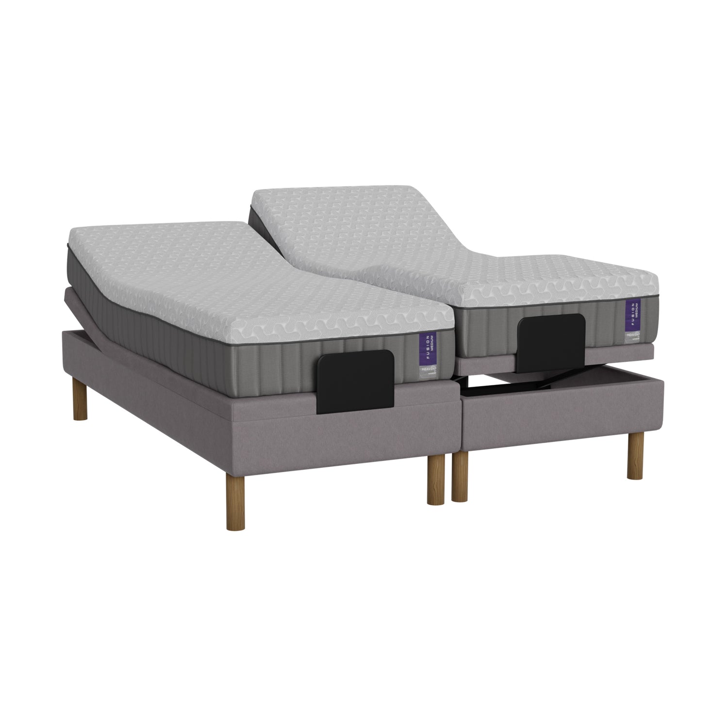 Harmaa Heaven By Unico Fusion -moottorisänkypaketti. Pakettiin kuuluu 2 kpl Suomessa valmistettua, portaattomasti säädettävää Lounge-moottorisänkyä, Fusion Nano Cool™ -patjaa sekä pyöreät tammen väriset jalat.