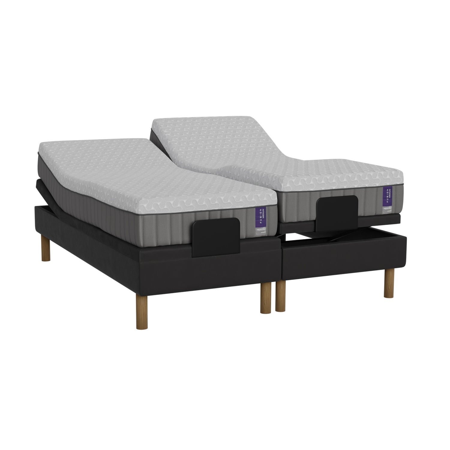 Musta Heaven By Unico Fusion -moottorisänkypaketti 180 x 200 cm. Pakettiin kuuluu 2 kpl Suomessa valmistettua, portaattomasti säädettävää 90 cm leveää Lounge-moottorisänkyä, 2 kpl 90 x 200 cm Fusion Nano Cool™ -patjaa sekä pyöreät tammen väriset jalat.