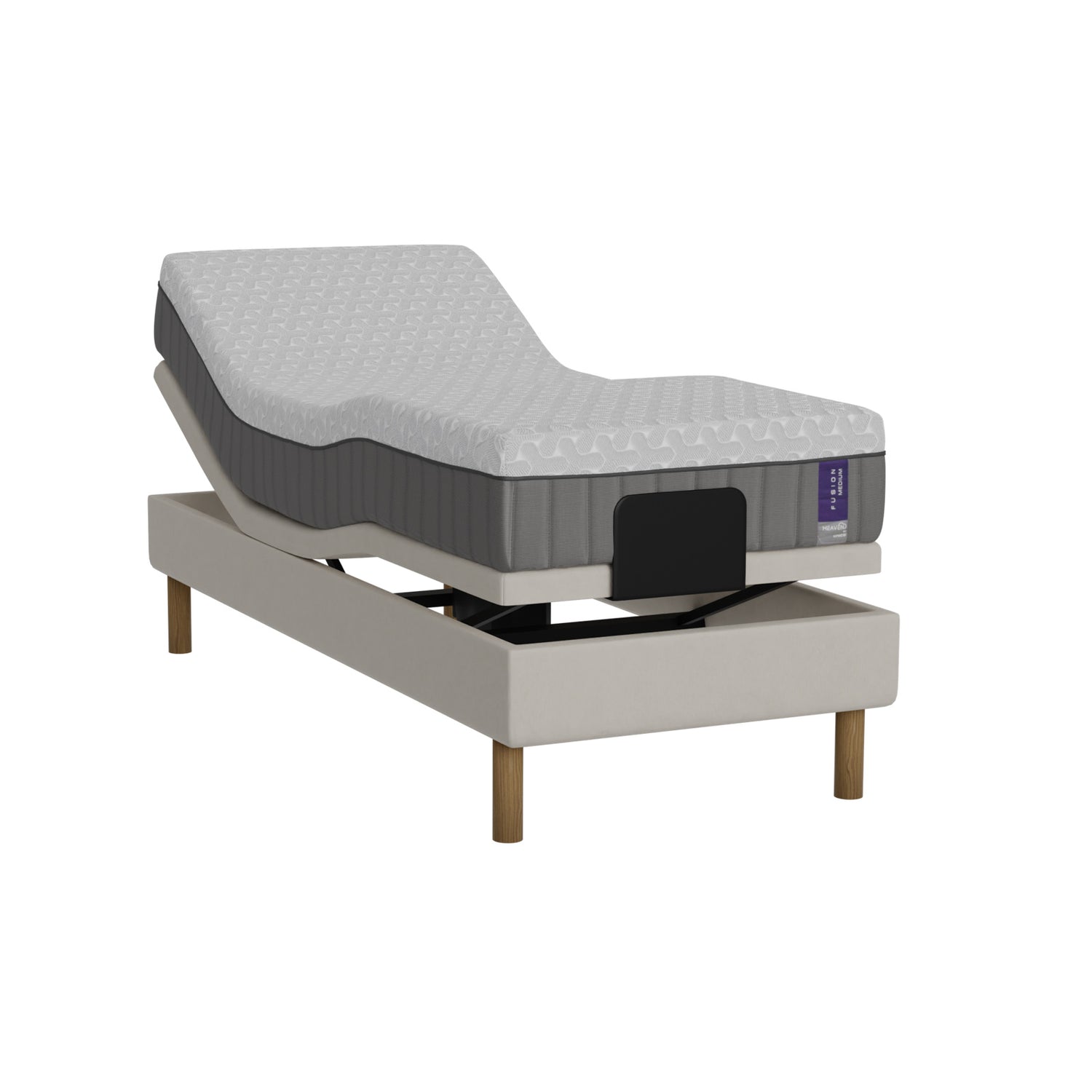 Valkoinen Heaven By Unico Fusion -moottorisänkypaketti 80 x 200 cm. Pakettiin kuuluu Suomessa valmistettu, portaattomasti säädettävä 80 cm leveä Lounge-moottorisänky, 80 x 200 cm Fusion Nano Cool™ -patja sekä pyöreät tammen väriset jalat.