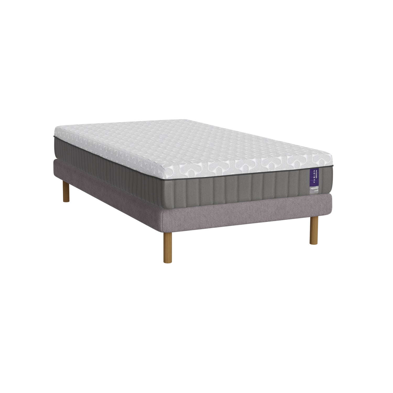 Harmaa Heaven By Unico Fusion -runkopatjapaketti 120 x 200 cm. Pakettiin kuuluu tukeva Suomessa valmistettu Lounge-vuoderunko, 120 x 200 cm Fusion Nano Cool™ memory foam patja sekä pyöreät tammen väriset jalat.