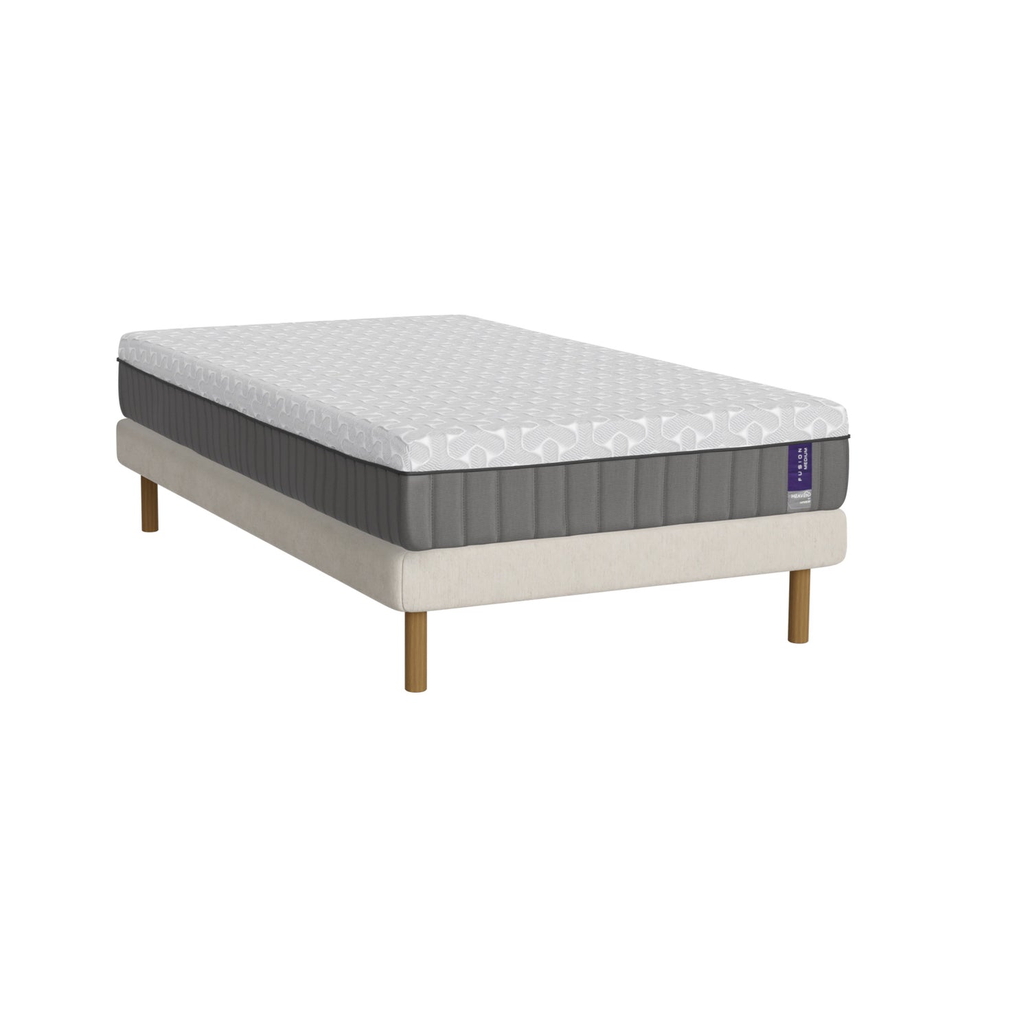 Valkoinen Heaven By Unico Fusion -runkopatjapaketti 120 x 200 cm. Pakettiin kuuluu tukeva Suomessa valmistettu Lounge-vuoderunko, 120 x 200 cm Fusion Nano Cool™ memory foam patja sekä pyöreät tammen väriset jalat.