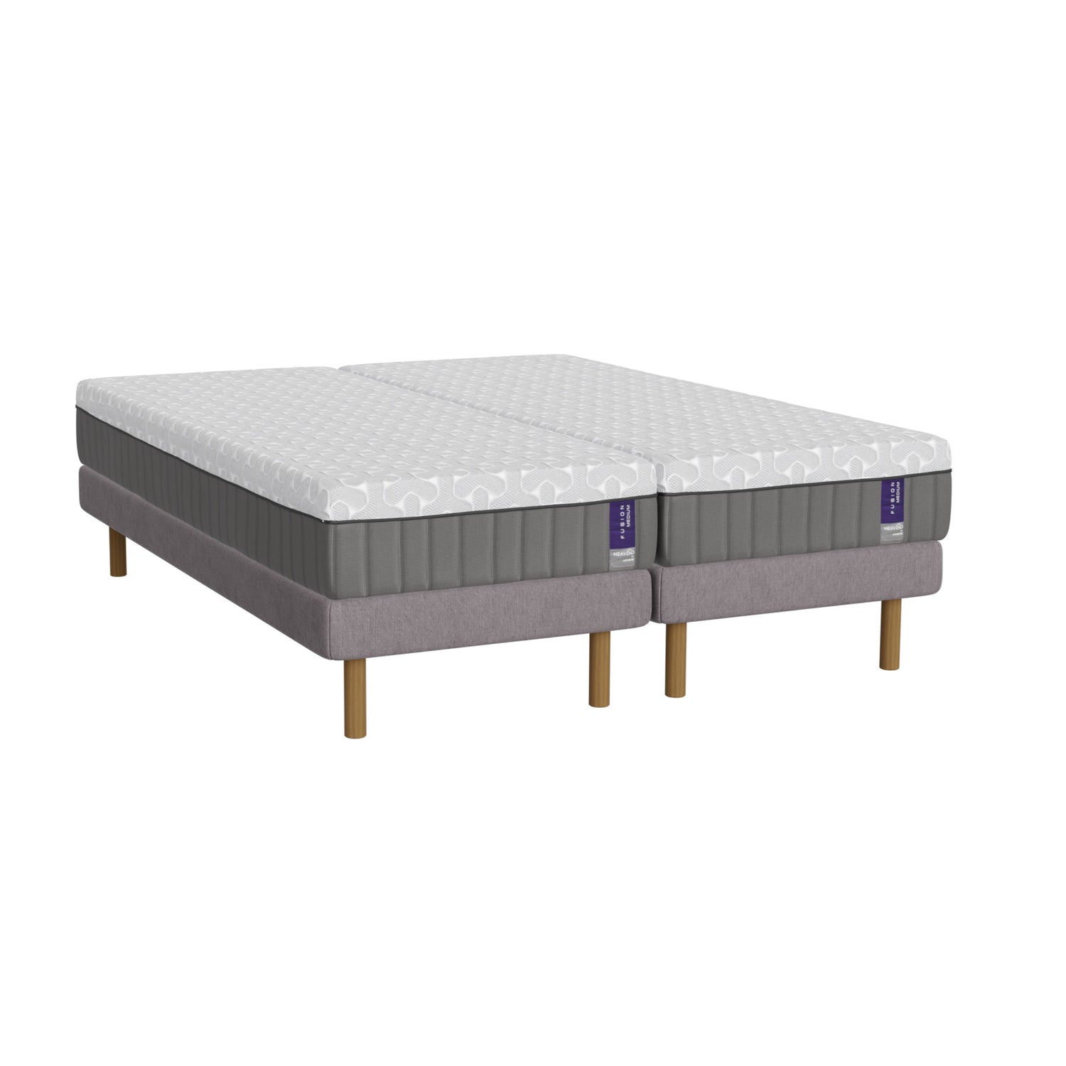 Harmaa Heaven By Unico Fusion -runkopatjapaketti 180 x 200 cm. Pakettiin kuuluu 2 kpl tukevaa 90 cm Lounge-vuoderunkoa, 2 kpl 90 cm Fusion Nano Cool™ memory foam patjaa sekä pyöreät tammen väriset jalat.