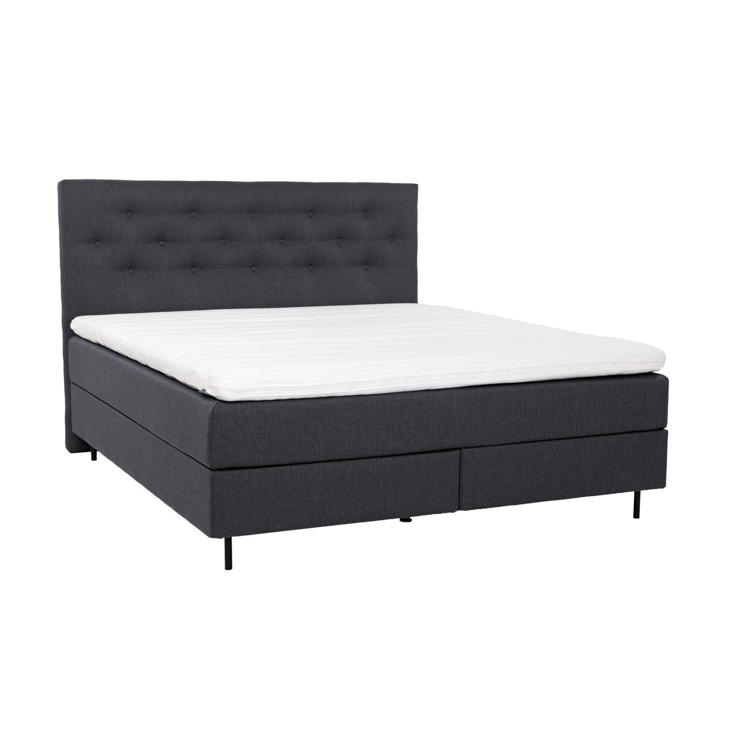 Antrasiitinvärinen Hilding Feel Ergo -jenkkisänky 160 x 200 cm mustilla pyöreillä 14 cm alumiinijaloilla ja Hilding Ergo -sijauspatjalla. Kuvan Feel -nappipääty myydään erikseen.