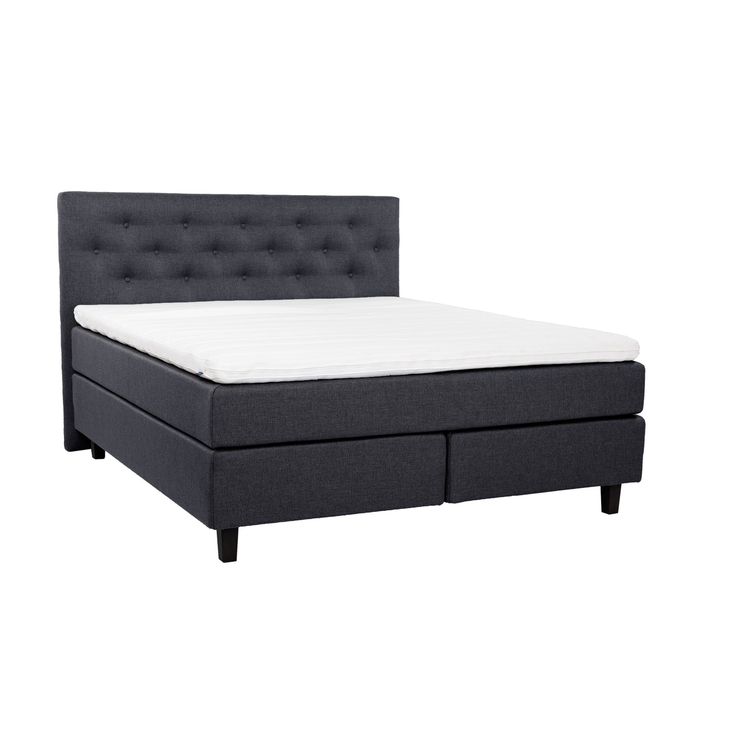 Antrasiitinvärinen Hilding Feel -jenkkisänky hiilenmustilla 14 cm korkeilla Royal -tammijaloilla ja yhtenäisellä Hilding Hybrix Air Coolmax -sijauspatjalla. Kuvan Feel -sängynpääty myydään erikseen.