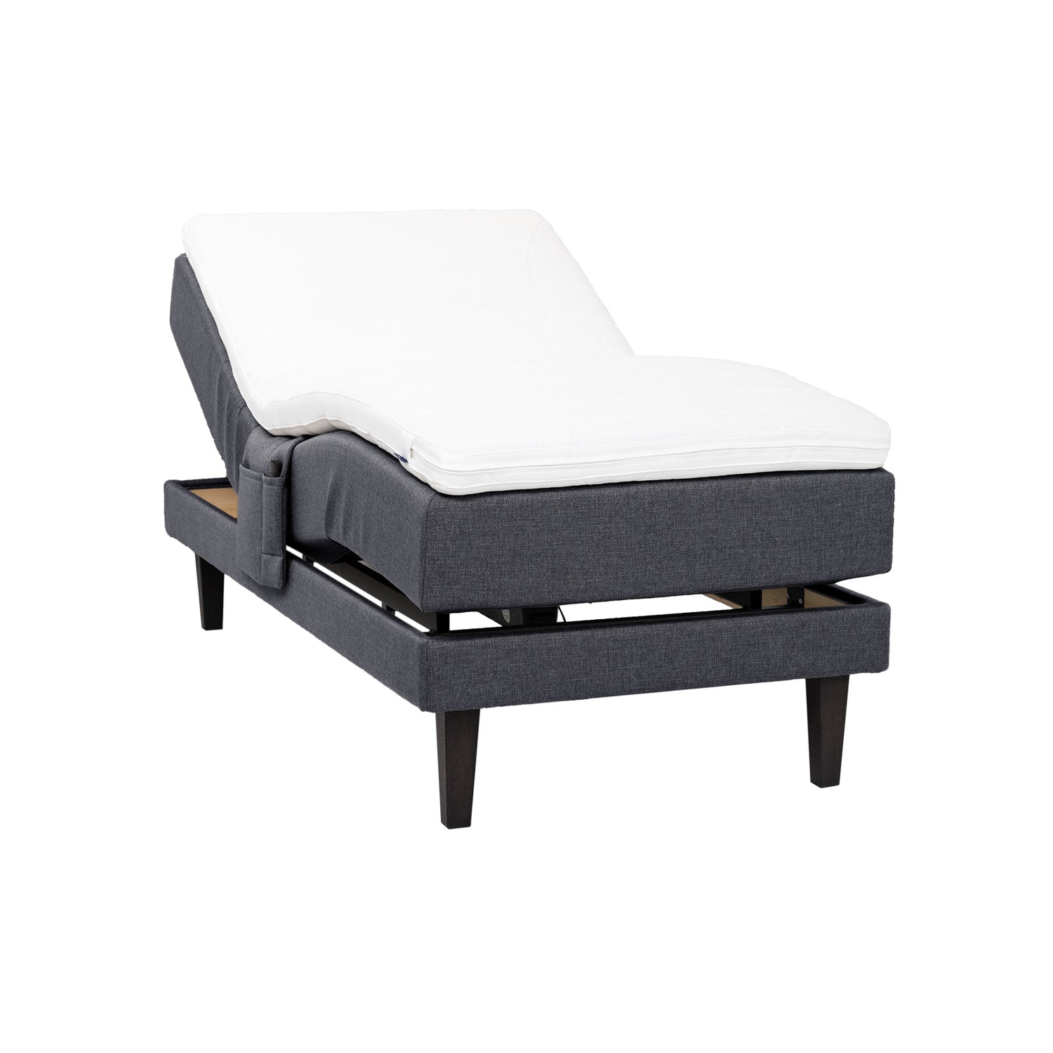 Antrasiitti Hilding Feel -moottorisänky 90 x 200 cm hiilenmustilla 23 cm Royal-tammijaloilla ja Hybrix Air Coolmax -sijauspatjalla. Kuvan tarviketasku myydään erikseen.