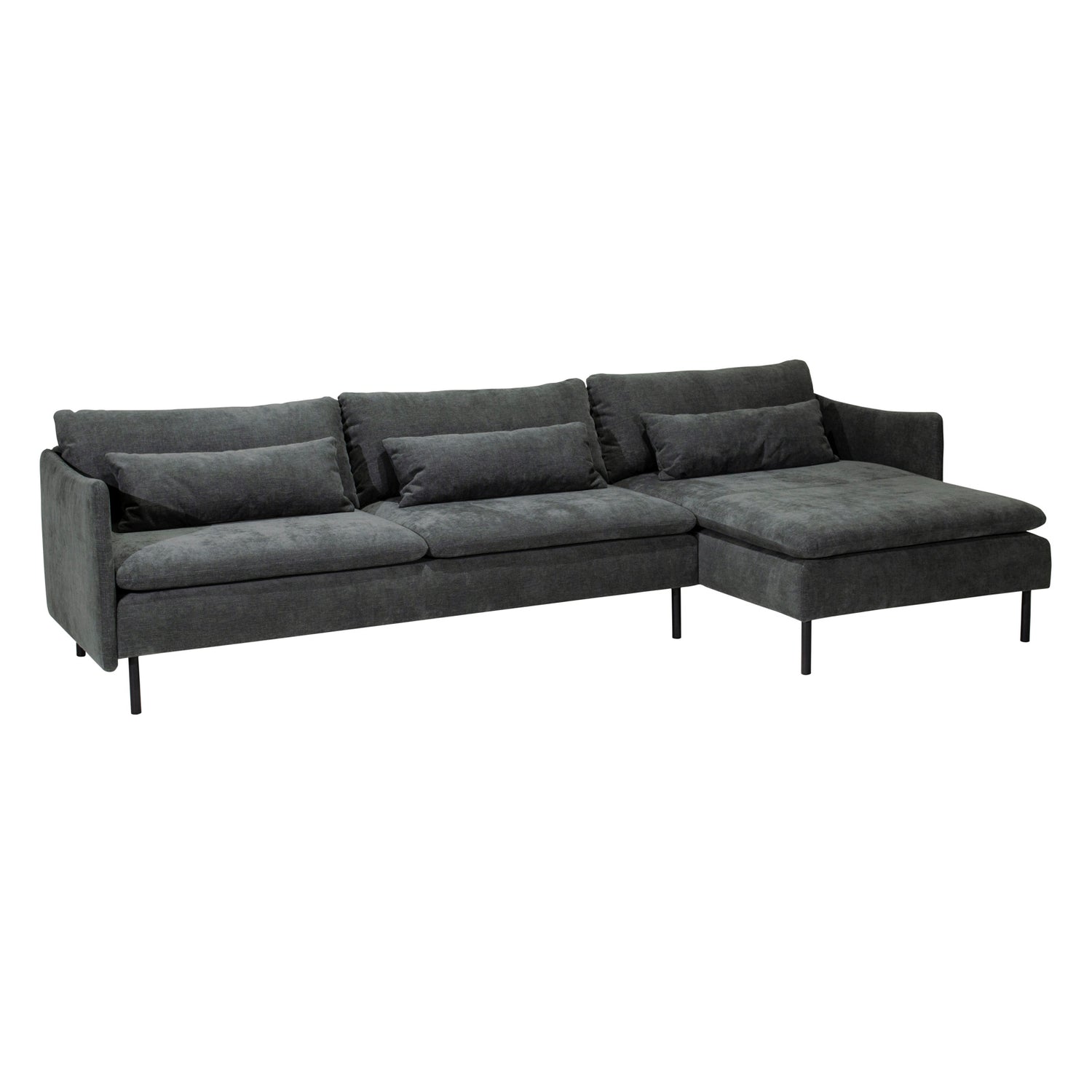 Idyll-divaanivuodesohva koostuu divaanista oikealla käsinojalla ja vasemmanpuoleisesta 3-istuttavasta sohvasta. 3-istuttavan moduuliosan istuintyynyt ovat kahtia jaetut, verhoilukangas on grafiitinvärinen Ponza Stone 03 ja metallijalat ovat mustat.