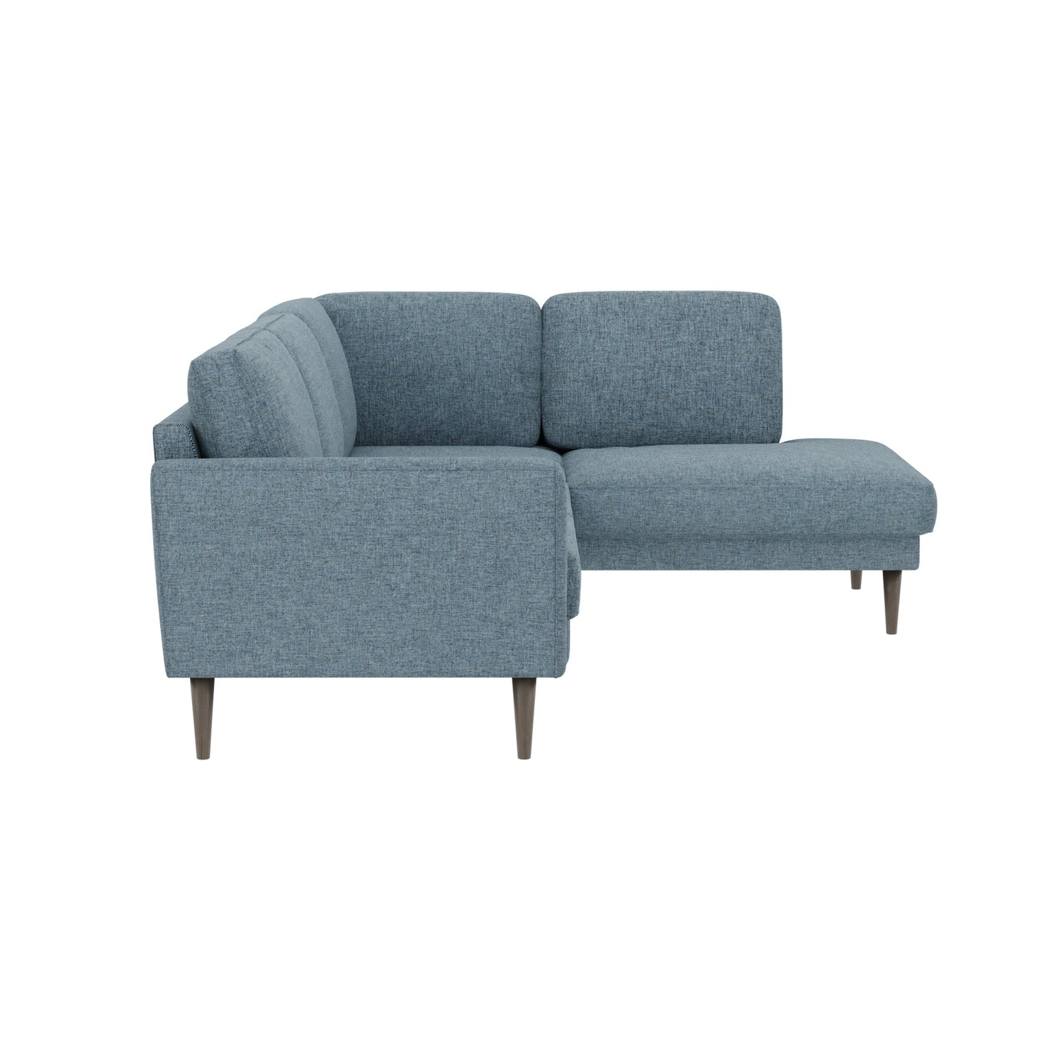 Ilona -kulmadivaanisohva turkoosilla AC Laviano 401 -kankaalla ja 18 cm korkeilla wengenvärisillä pyöreäkartio-jaloilla. Kuvan sohvassa on 10 cm leveä KN10-käsinoja.