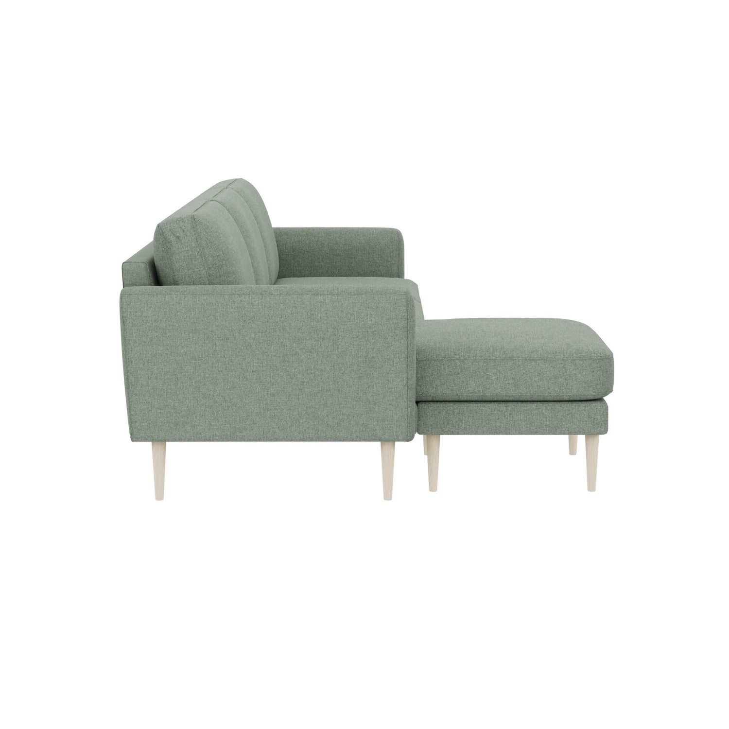 Ilona -divaanisohva tummanvihreällä AC Naomi 395-kankaalla ja 18 cm korkeilla luonnonvärisillä pyöreäkartio-puujaloilla. Kuvan sohvassa on 10 cm leveät KN10-käsinojat.