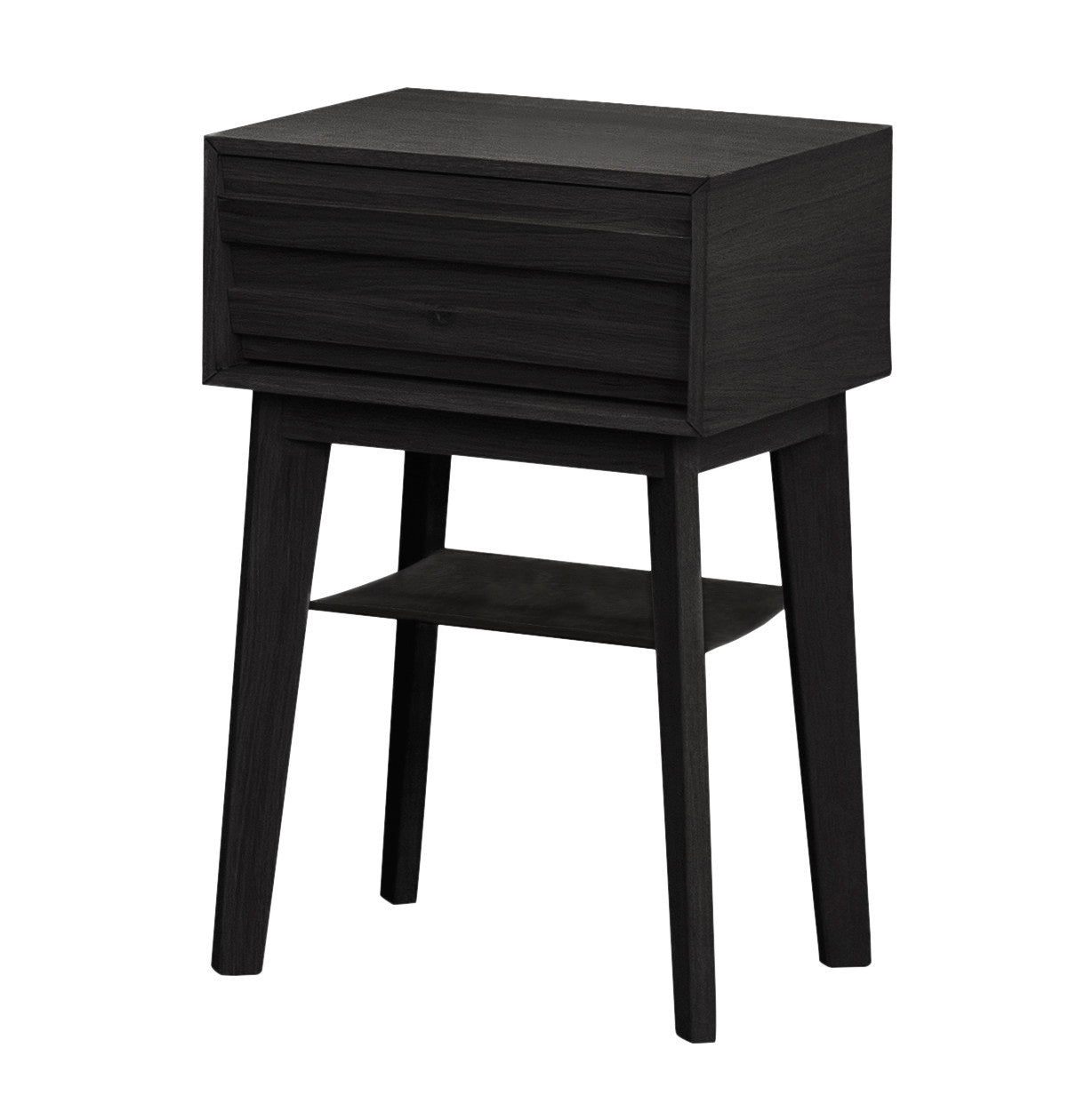 Musta Jensen Eicon -yöpöytä. Yöpöydässä on nahasta valmistettu hyllytaso.