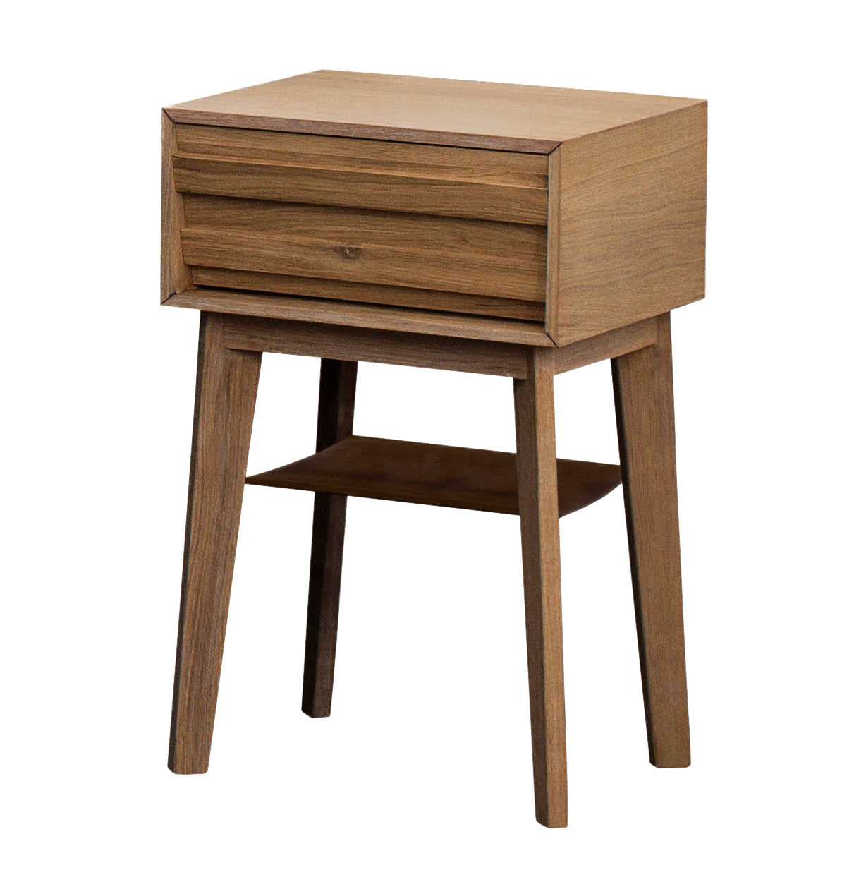 Tammenvärinen Jensen Eicon -yöpöytä. Yöpöydässä on nahasta valmistettu hyllytaso.