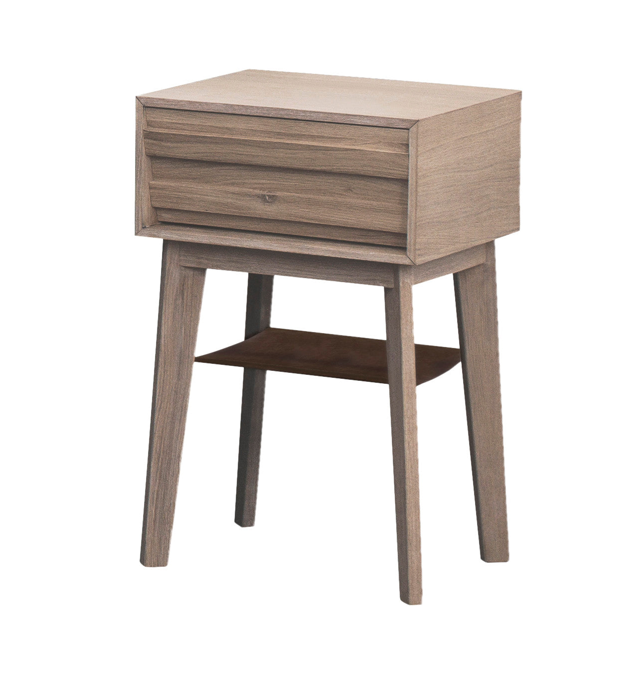 Kuultovalkoinen Jensen Eicon -yöpöytä. Yöpöydässä on nahasta valmistettu hyllytaso.