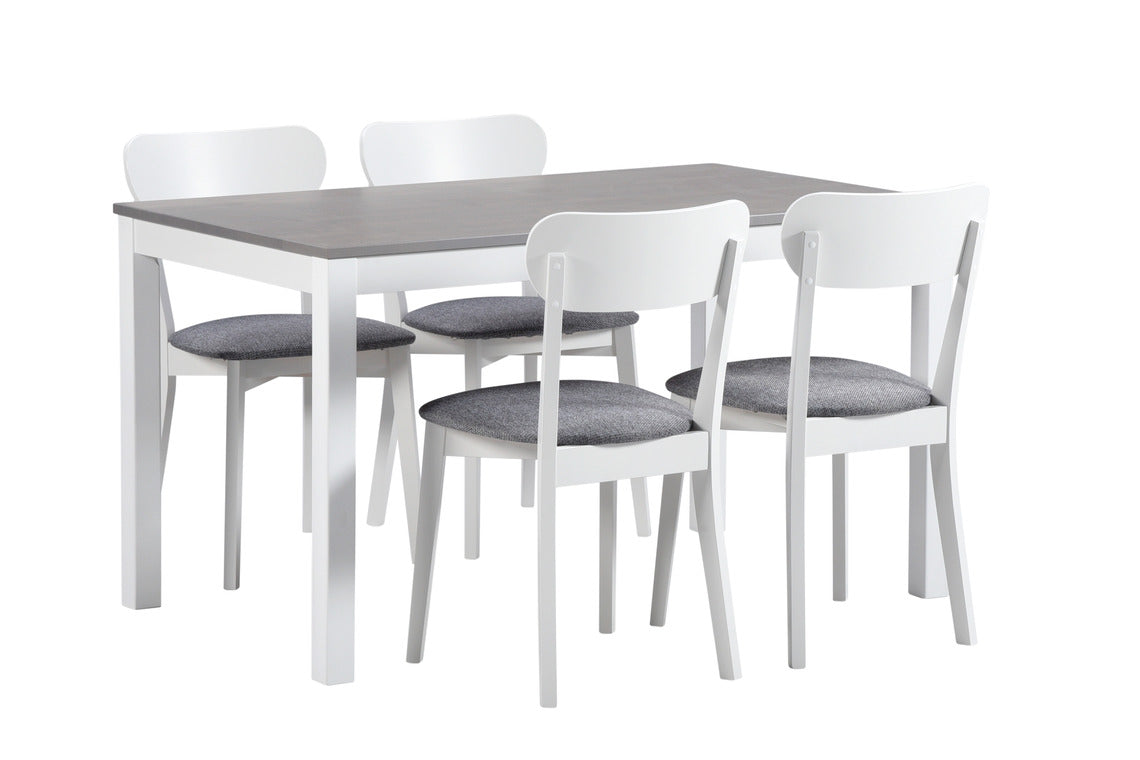 Harmaakantinen Kaisla-pöytä ja Laine-tuolit harmaalla istuinverhoilulla.