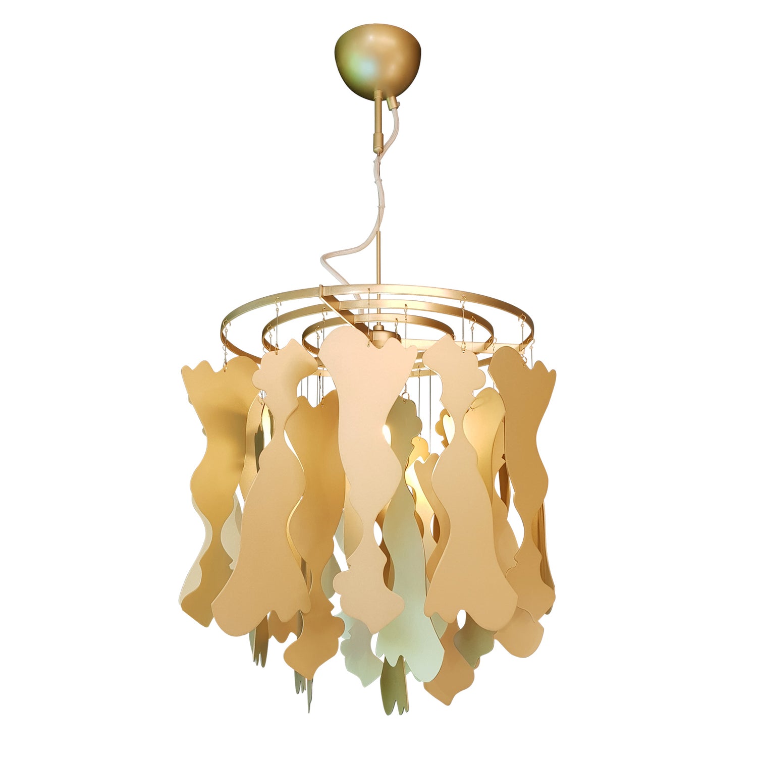 Johanna Oraksen suunnittelema Kallary-kattokruunu on juhlava kattovalaisin, jossa säihkyy kulta.