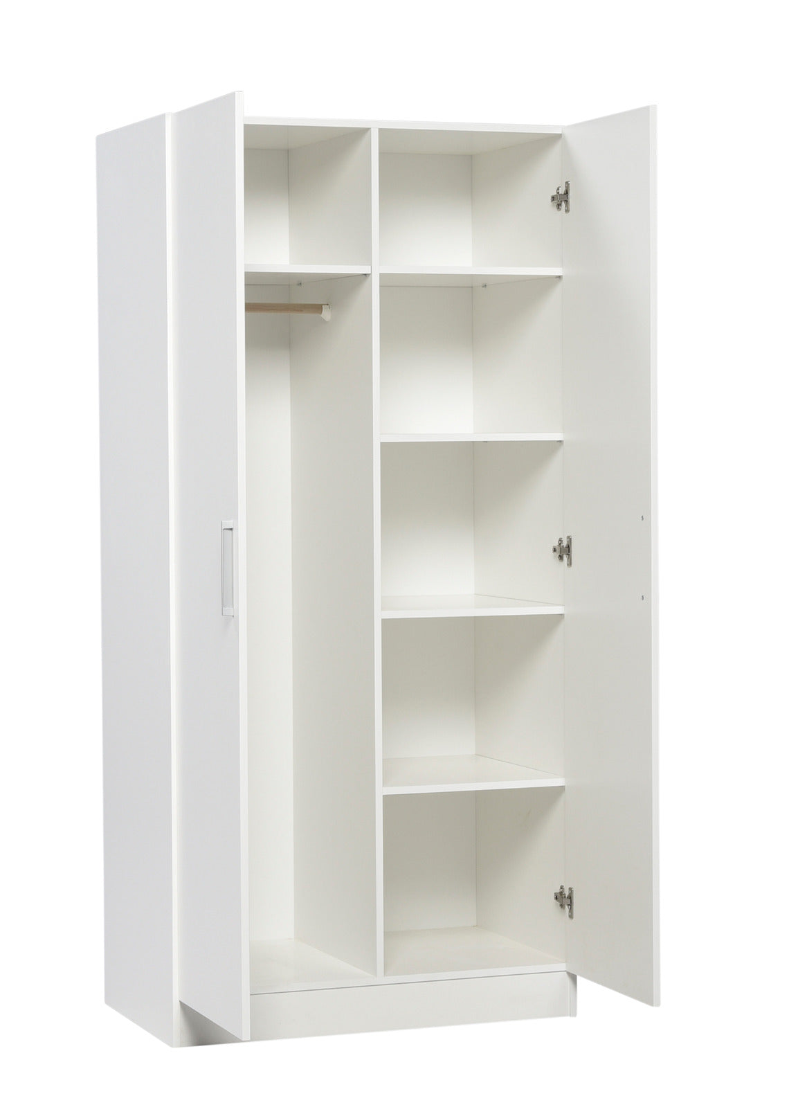 Karo-vaatekaapin sisustassa on rekki ylähyllyllä ja toisella puolella 5 hyllyä.