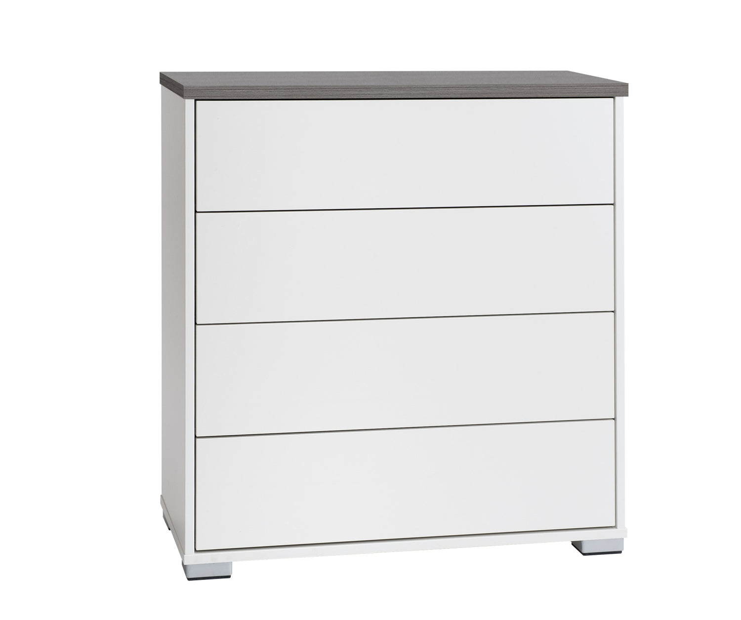 Kuvassa on 80 cm leveä valkoinen Kivi-lipasto, jonka kansi on väriltään antrasiitti ja muovijalat ovat hopeanväriset.