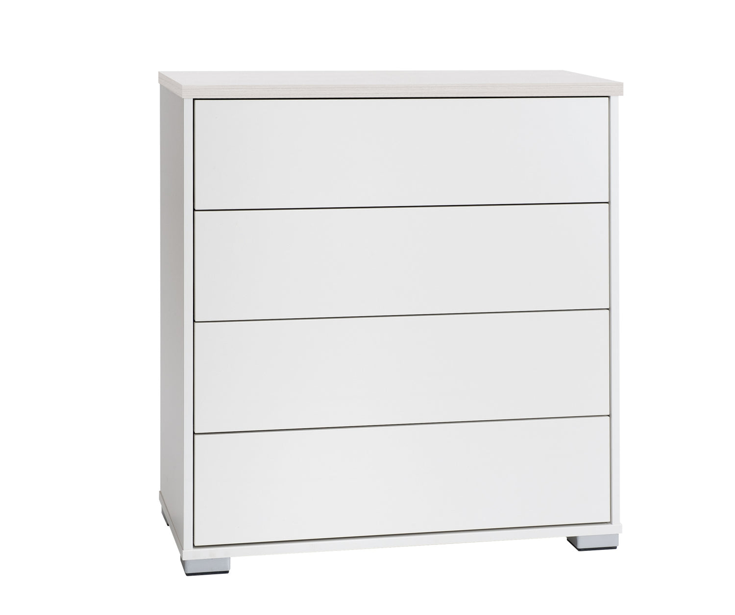 Kuvassa on 80 cm leveä valkoinen Kivi-lipasto, jonka kansi on väriltään valkosaarni ja muovijalat ovat hopeanväriset.