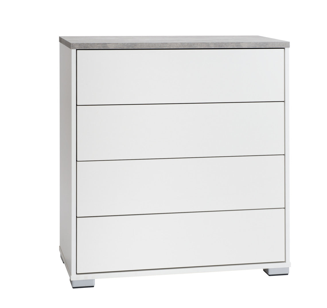 Kuvassa on 80 cm leveä valkoinen Kivi-lipasto harmaalla betonijäljitelmän sävyisellä kannella ja hopeanvärisillä muovijaloilla.