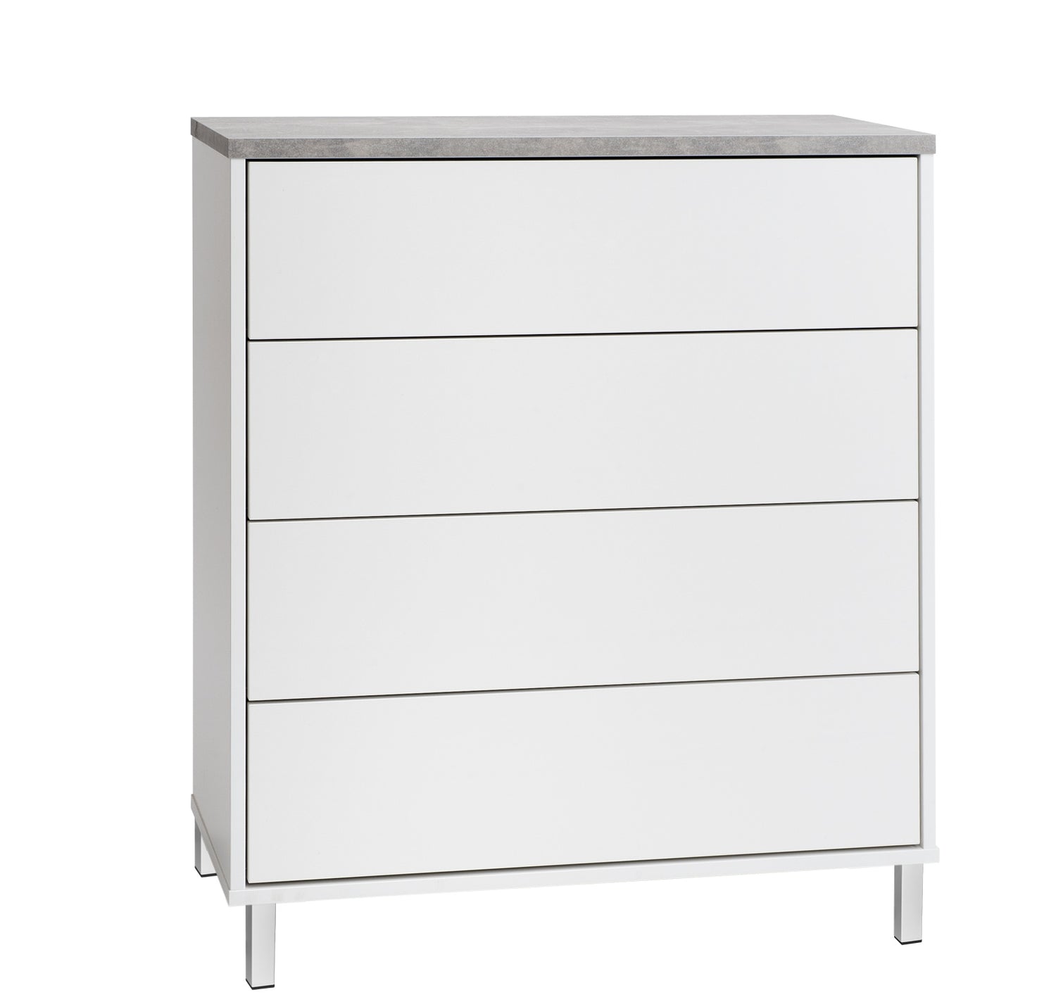 Kuvassa on 80 cm leveä valkoinen Kivi-lipasto harmaalla betonijäljitelmän sävyisellä kannella ja valkoisilla metallijaloilla.