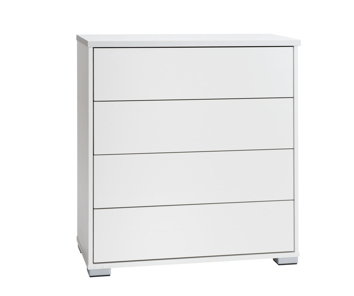 Kuvassa on 80 cm leveä kokovalkoinen Kivi-lipasto hopeanvärisillä muovijaloilla.